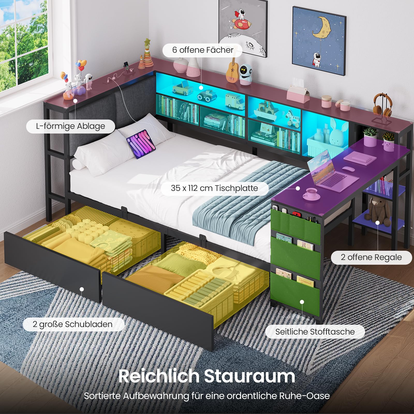 Brinlawb Schlafsofa mit LED-Beleuchtung und Ladestation, Jugendbett 90x200 cm mit einem 35x112cm Tisch und zwei großen Schubladen, Bett 90x200 Tagesbett mit polsterter Rückenlehne am Kopfteil, Schwarz