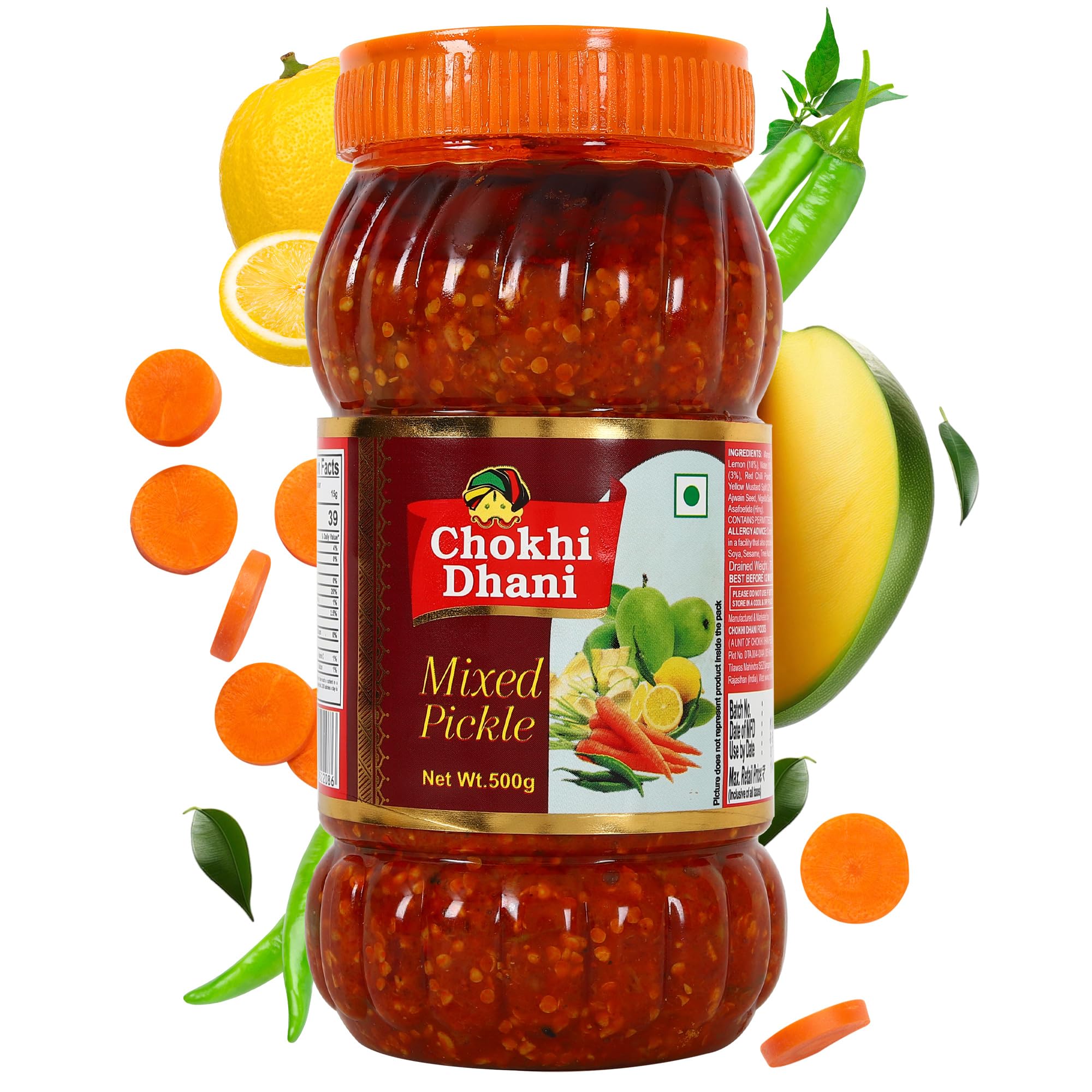 Chokhi Dhani Mixed Pickle - Aam Nimbu Hari Mirch Gajjar ka Achar 500gm | Mustard Oil Base Homemade Mixed Pickles | No Added Flavours, No Artificial Colors | Traditional Recipe