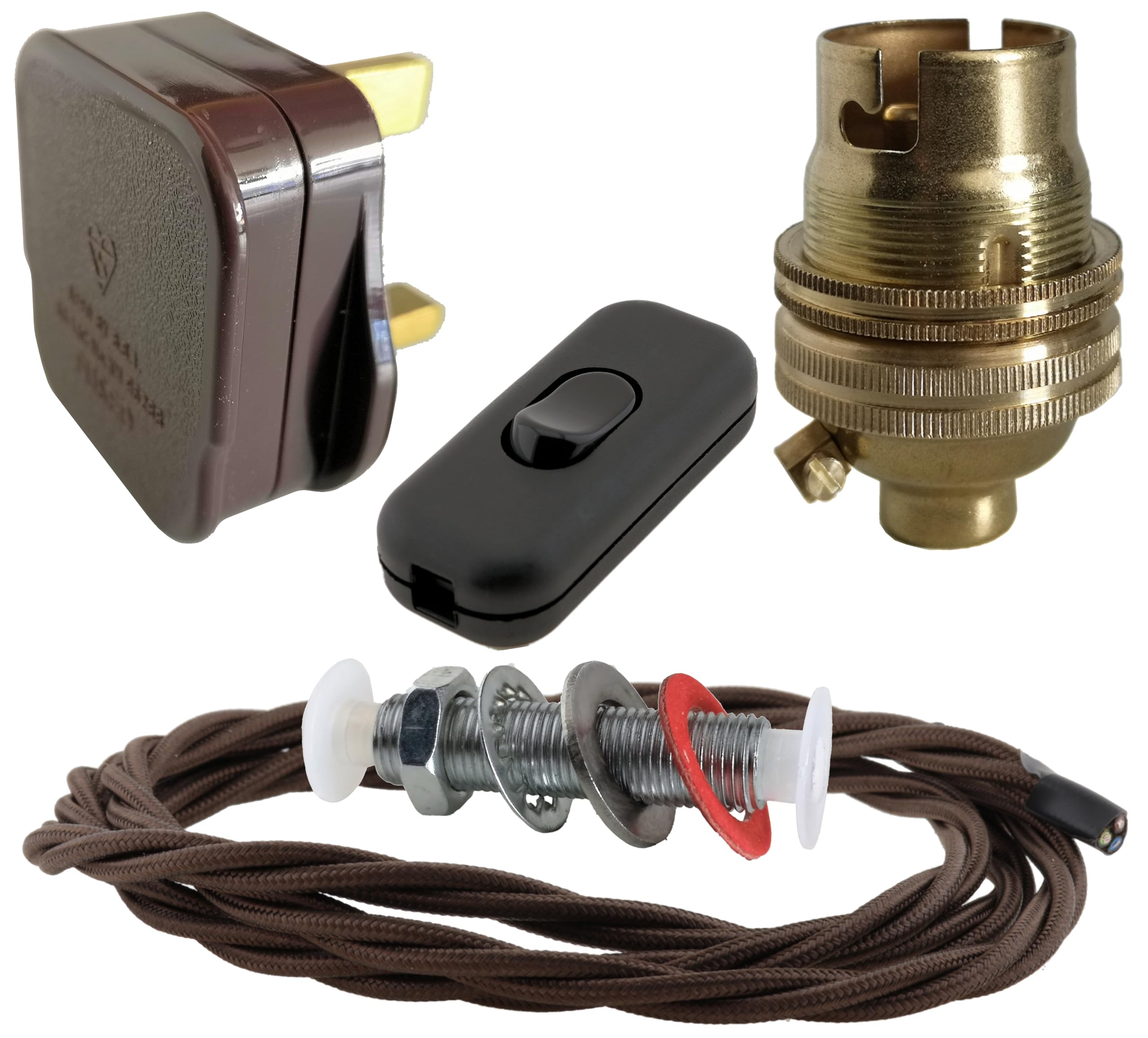 Art Deco Emporium Lamp Repair and Service Kit | Brown Plug | Brown Flex | Black Switch | B22 Brass Lamp Holder