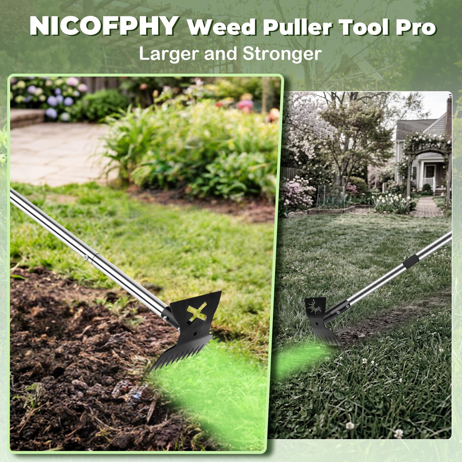 Condition photo showing New/Like New for nicofphy weed puller tool with long handle pro, 2 in 1 gardening weeding rake and garden hoe for uprooting grass gardenia dandelion, 57" manual weeder weed pulling tool for garden, yard and lawn