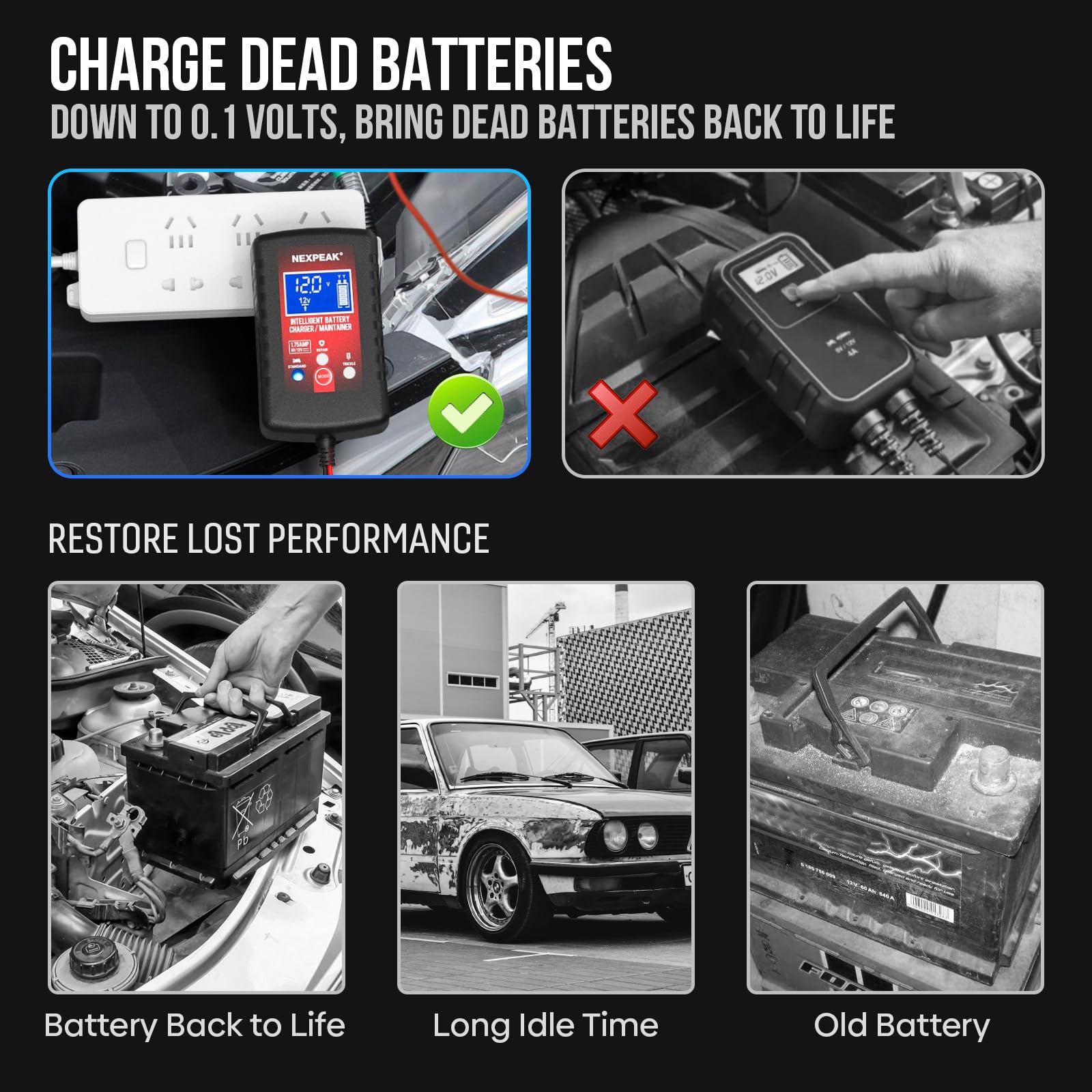 NEXPEAK Autobatterie-Ladegerät 1,75 A, 6 V und 12 V, intelligentes Batterieladegerät, vollautomatisches Batterieladegerät, Batterieladegerät für Auto, Rasenmäher, Motorrad | Erhaltungsladung & Desulfator, Überlastschutz, thermischer Ausgleich, Bleibatteri