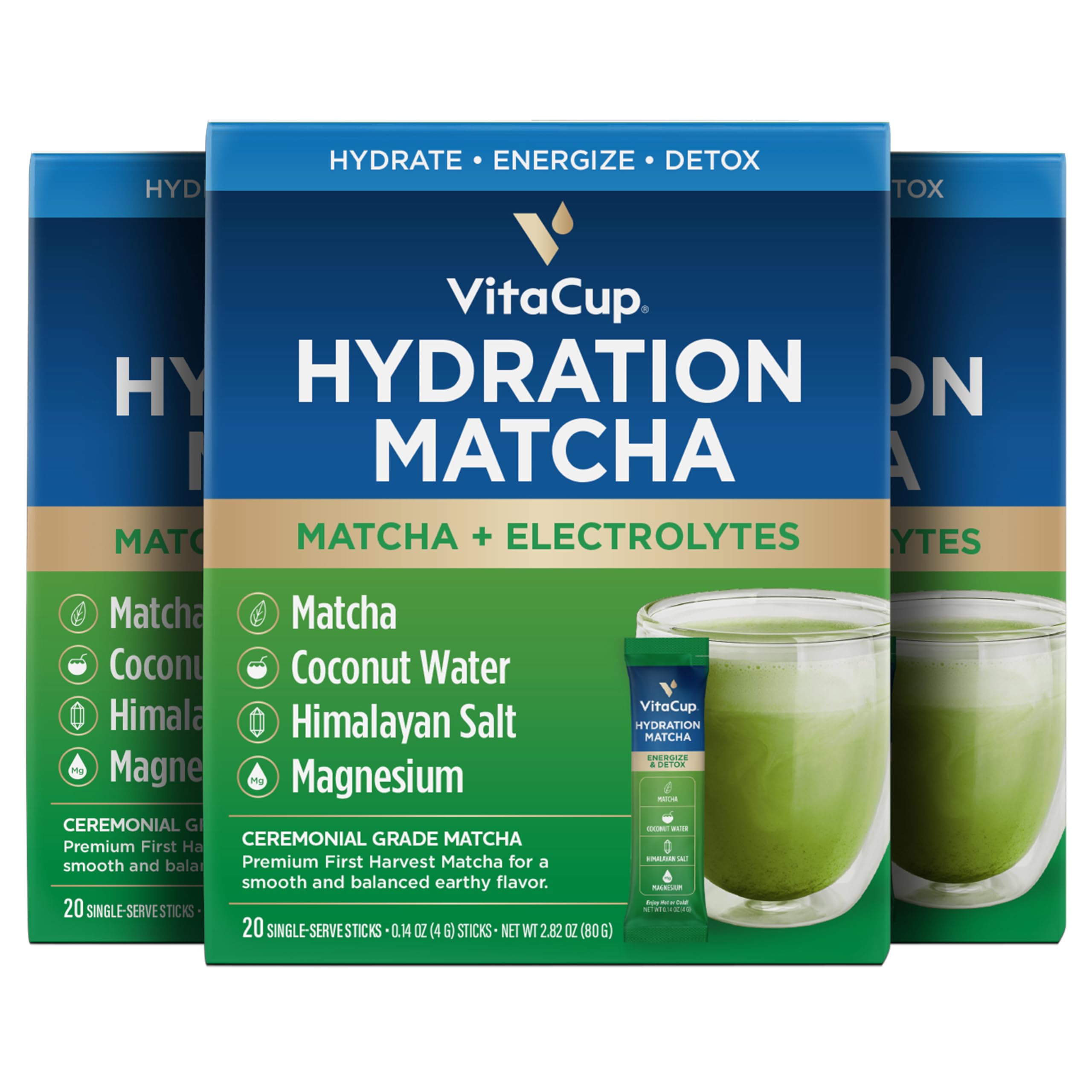 VitaCup Hydration Matcha Instant Packets for Natural Energy and Detox w Electrolytes Ceremonial Grade Organic Matcha Coconut Water