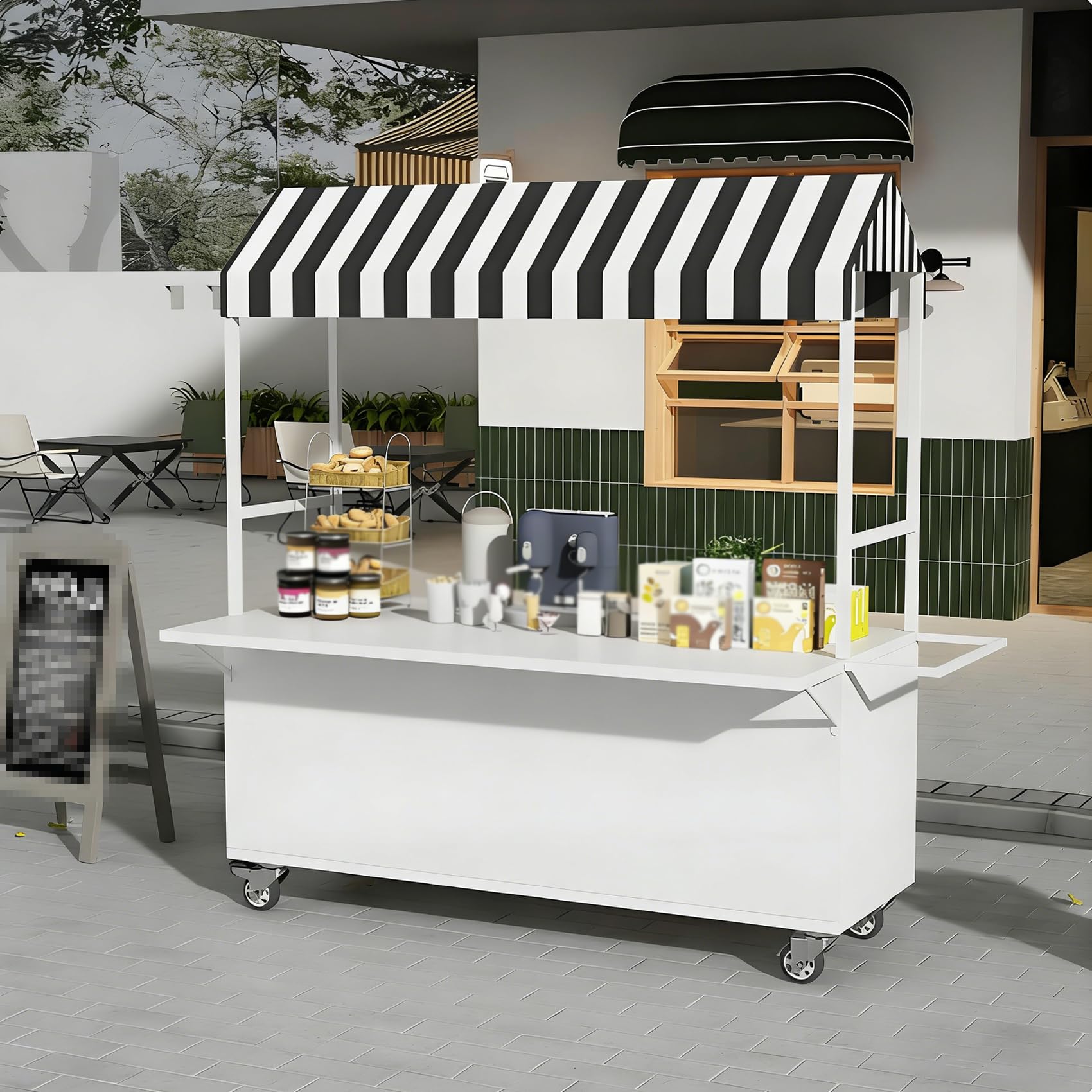 Carrello portavivande portatile con tettuccio e ruote bloccabili con serratura, 139,7 cm di lunghezza x 88,9 cm di larghezza x 210,8 cm di altezza, ideale per artigianato ed eventi (senza ante