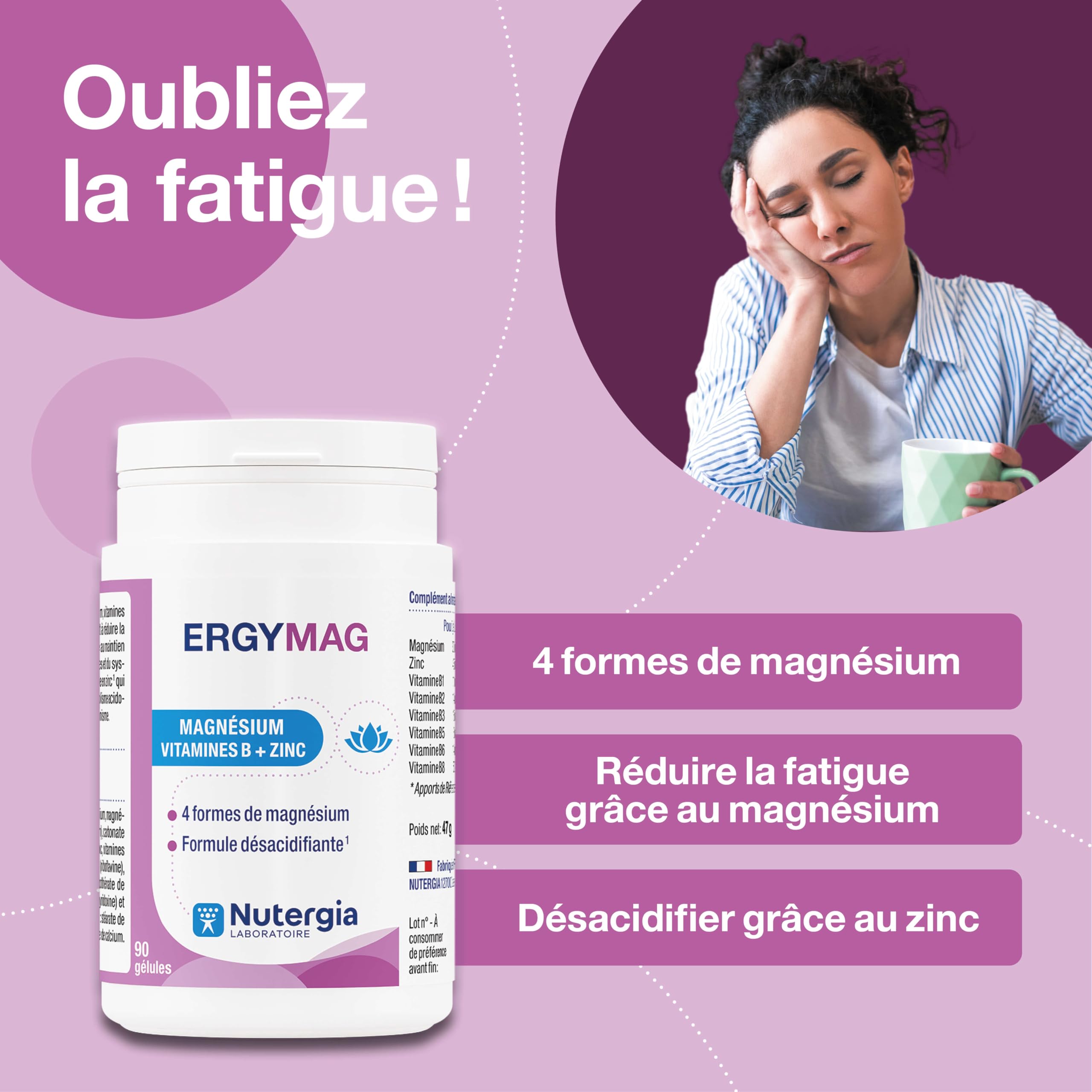 Nutergia – Magnésium, vitamines B et Zinc – Fatigue physique – 4 Sels de magnésium – formule désacidifiante – Complément alimentaire – 90 Gélules – Fabrication Française