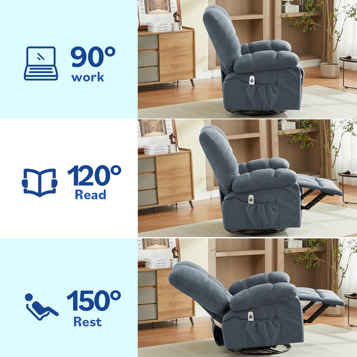 Swivel Recliner Chair for Adults,Oversized Rocker Recliner with Vibration Massage and Lumbar Heat,Ergonomic Rocking Chair with Side Pocket,USB Charge Port for Living Room