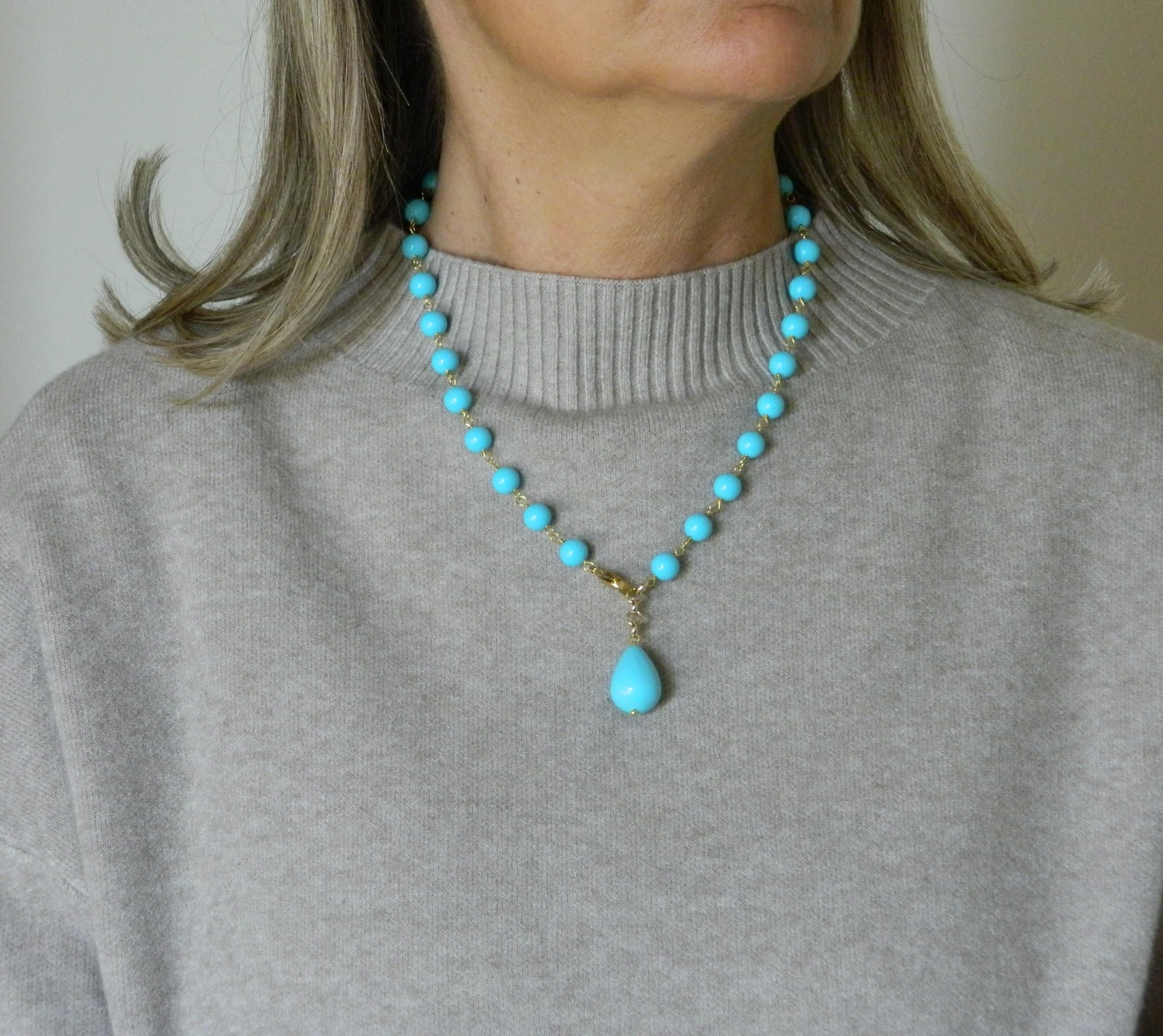 DodiGioielli Collana Girocollo Donna con Palline Lisce 8 mm e Ciondolo Goccia in Pasta di Turchese – Catenella e Chiusura Dorata – 49 cm – Gioielli Artigianali Made in Italy – Nichel Free