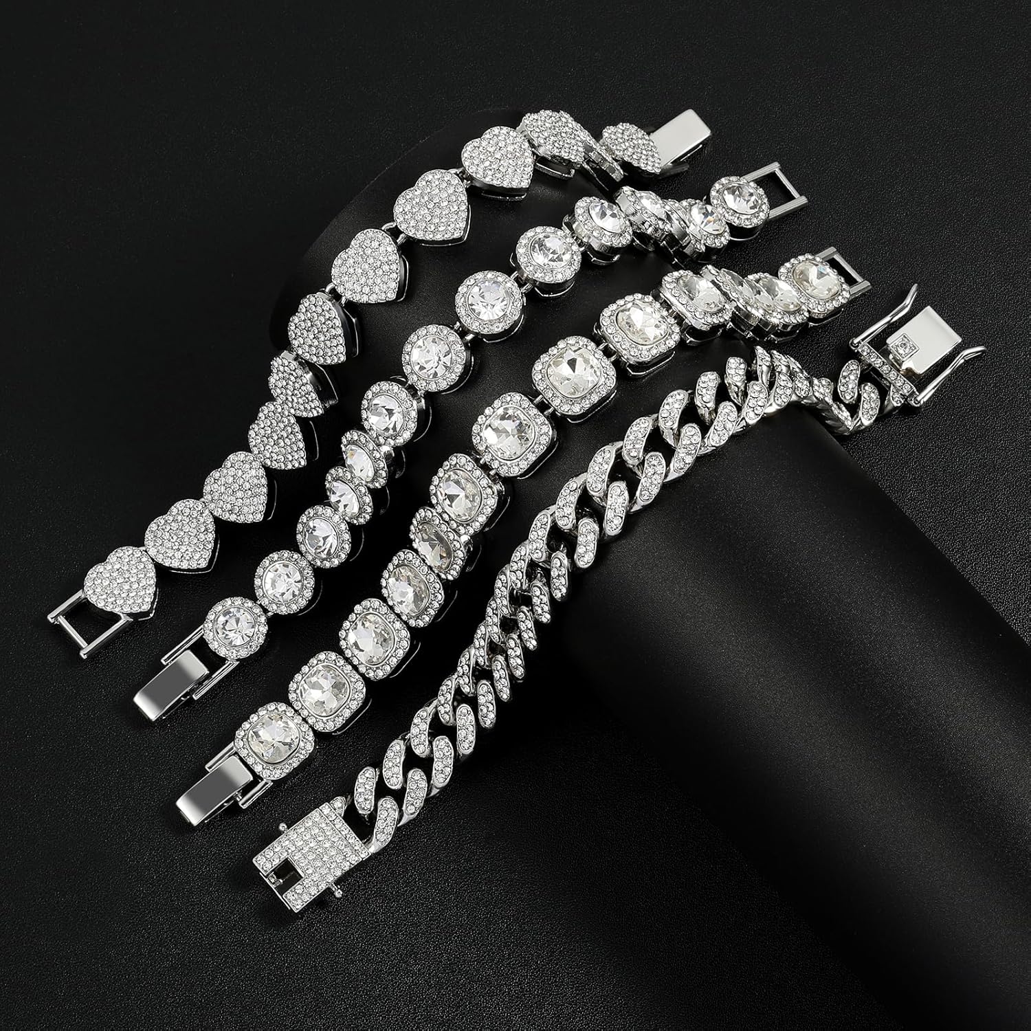 JUNVirtuous Tennis Bracelets for Women,4PCS Diamond Chain Heart & Round & square & Cuban Bracelets Set Iced Out Miami Hip Hop Jewelry - Image 5