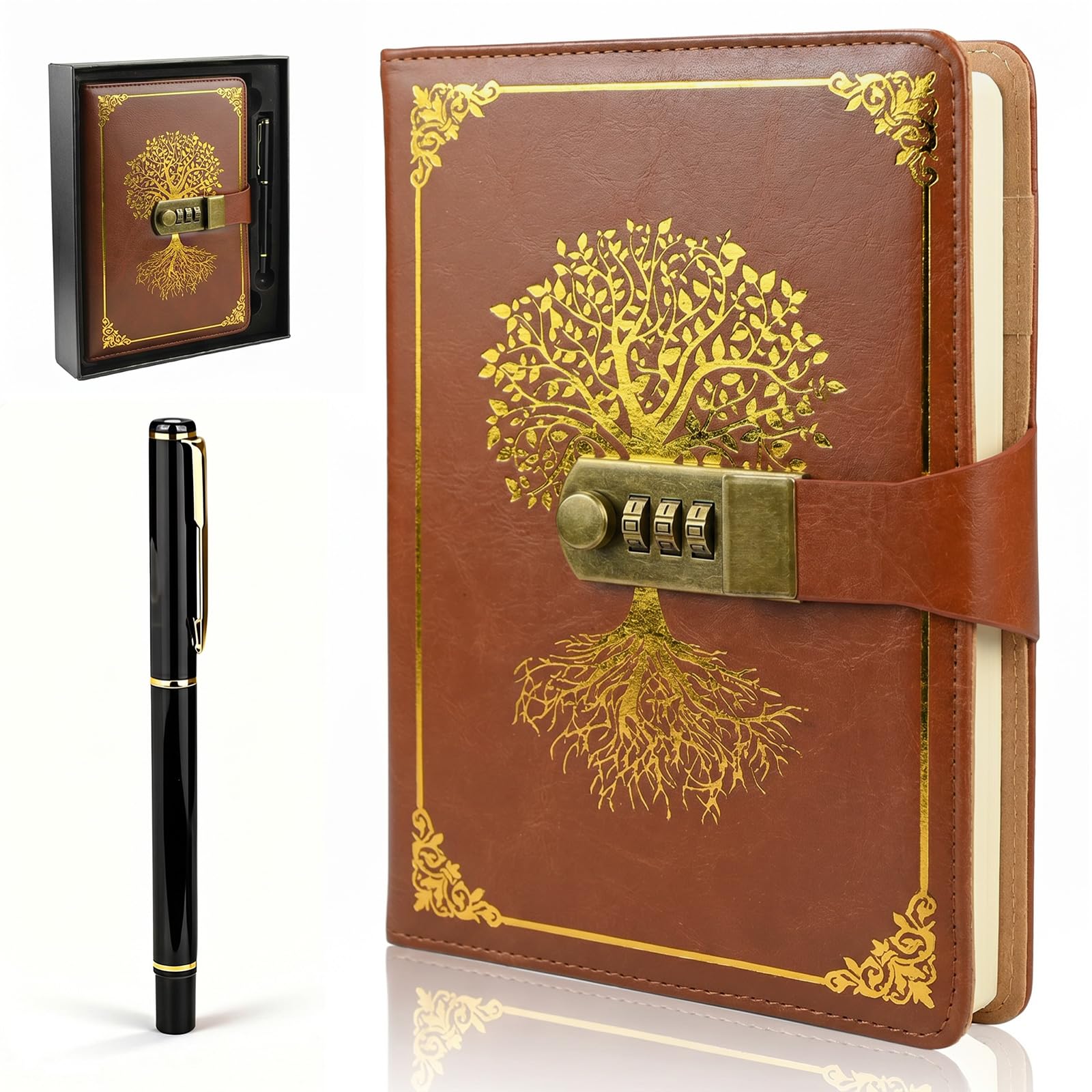 twirush A5 Diary with Lock, Vintage PU Leather Journal With Lock, 300 Pages Lined Paper Password Notebook with Pen & Gift Box, Secret Diary Lockable Journal for Women, Girls, Men, Students (Brown)