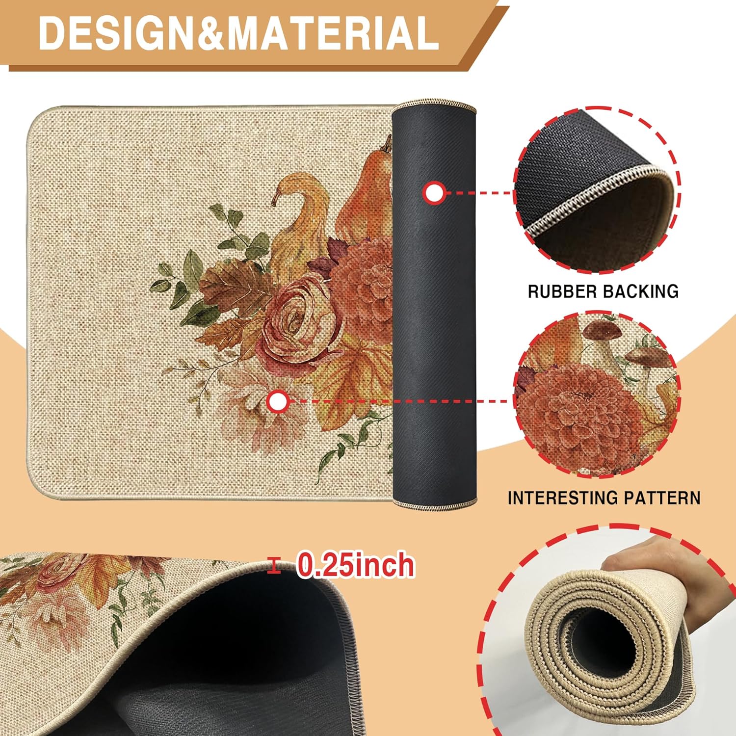 Fall Thanksgiving Harvest Dahlia Pumpkin Kitchen Mats Set of 2, Autumn Grateful Sweet Home Kitchen Rugs Floor Non-Slip Low Profile Mat Seasonal Farmhouse Home Decor 17x29 and 17x47 Inch