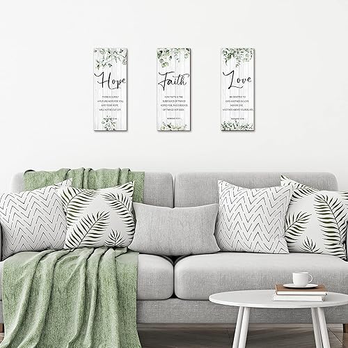 Miniatura 3 de 3 Pieces Wall Decor Christian Wall Decor Green Inspirational Art Scripture Hanging Plaque Rustic Wooden Leaves Sign Quote for Home Bedroom Decoration