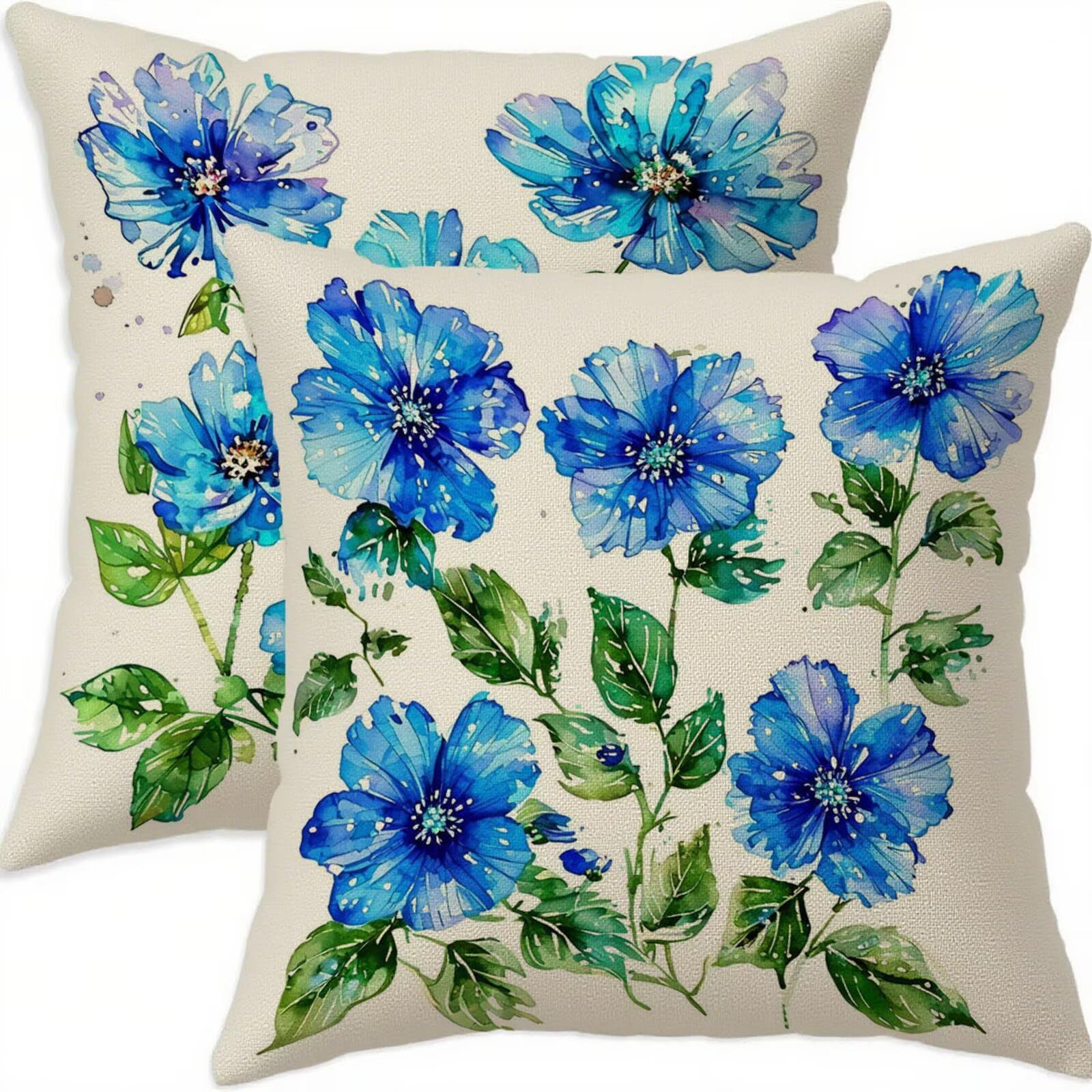 Housse coussin 65x65cm bleu lot de 2 taie oreiller lin imperméable salon chambre