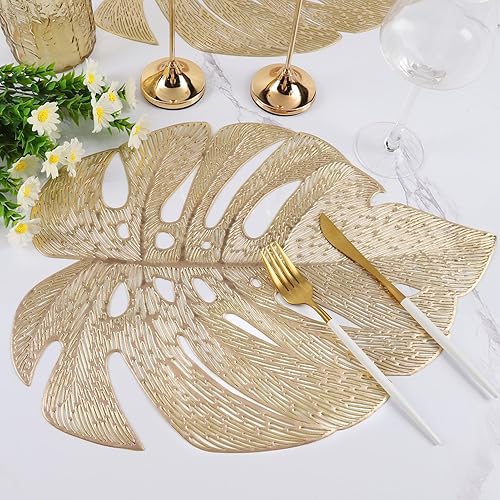 Miniatura 3 de Juego de 6 manteles individuales con hojas huecas para mesa de comedor, manteles de vinilo prensado para mesa de vacaciones, fiestas, bodas, centros