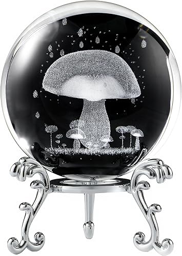 Miniatura 7 de HDCRYSTALGIFTS Bola de cristal de hongo 3D de 2.362 in grabada con láser, esfera de vidrio decorativa con soporte, figuras de hongos pisapapeles,