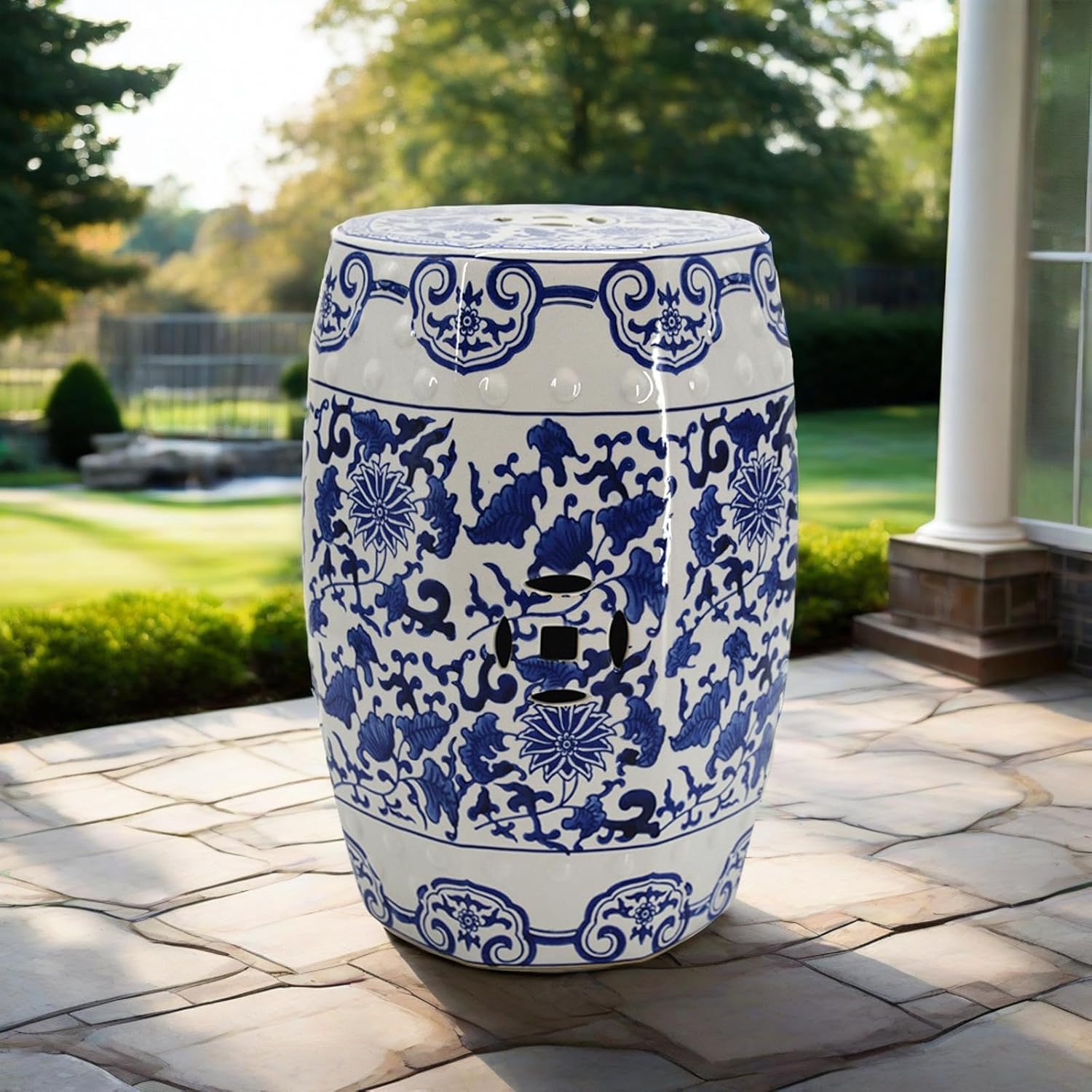 Ceramic Indoor/Outdoor Decorative Garden Stool, Ceramic Craft Drum Stool, Chinese Style Change Shoes Bench, Plant Stand, Patio Garden Room Furniture Piece