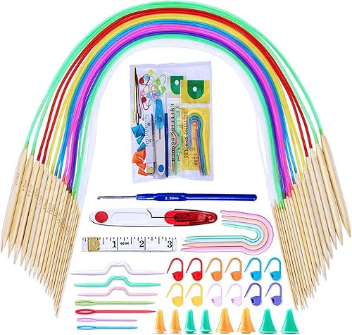EXQUISS Juego de agujas de tejer de bambú, 18 pares de agujas circulares de madera con tubo de plástico colorido, herramientas de tejido incluidas,