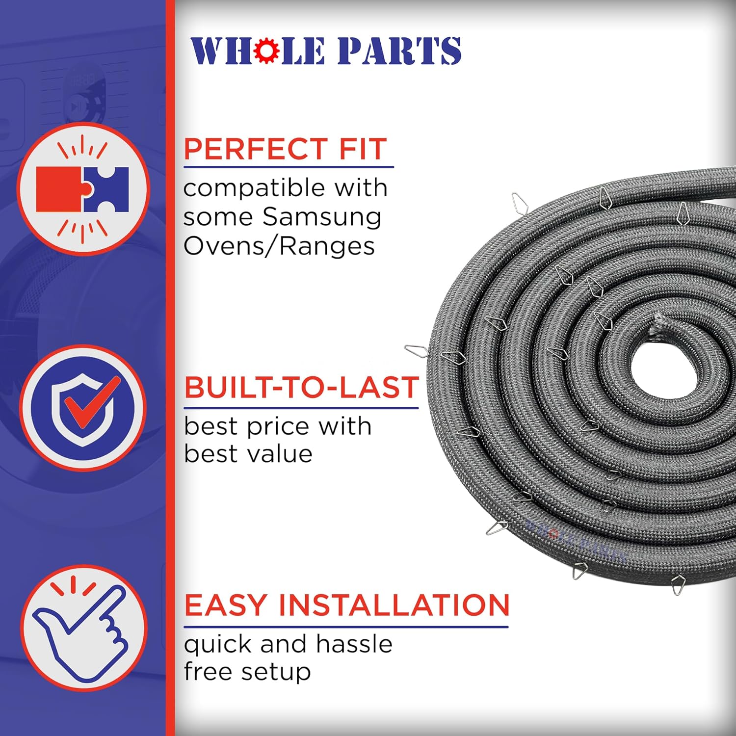 Upgraded Whole Parts Range Oven Door Seal Gasket (Including 27 Mounting Clips) Part# DG63-00705A - Replacement and Compatible with Some Samsung Ranges or Ovens