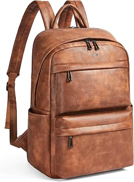 Vegan Leather Backpack for Women and Men, Fits 16.0 Inch Laptop, Multi-Pocket Design with Water Bottle and Luggage Strap, Ideal for Work, Travel, and Daily Use, Brown