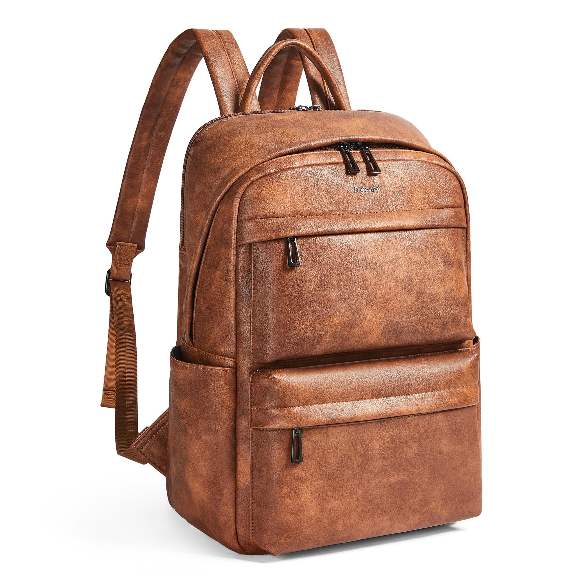 Veganer Lederrucksack für Damen und Herren, geeignet für 16,0 Zoll Laptop, mit vielen Fächern, Flaschenhalter und Koffergurt, Ideal für Arbeit, Reise und Alltag, Braun Laptop Rucksack