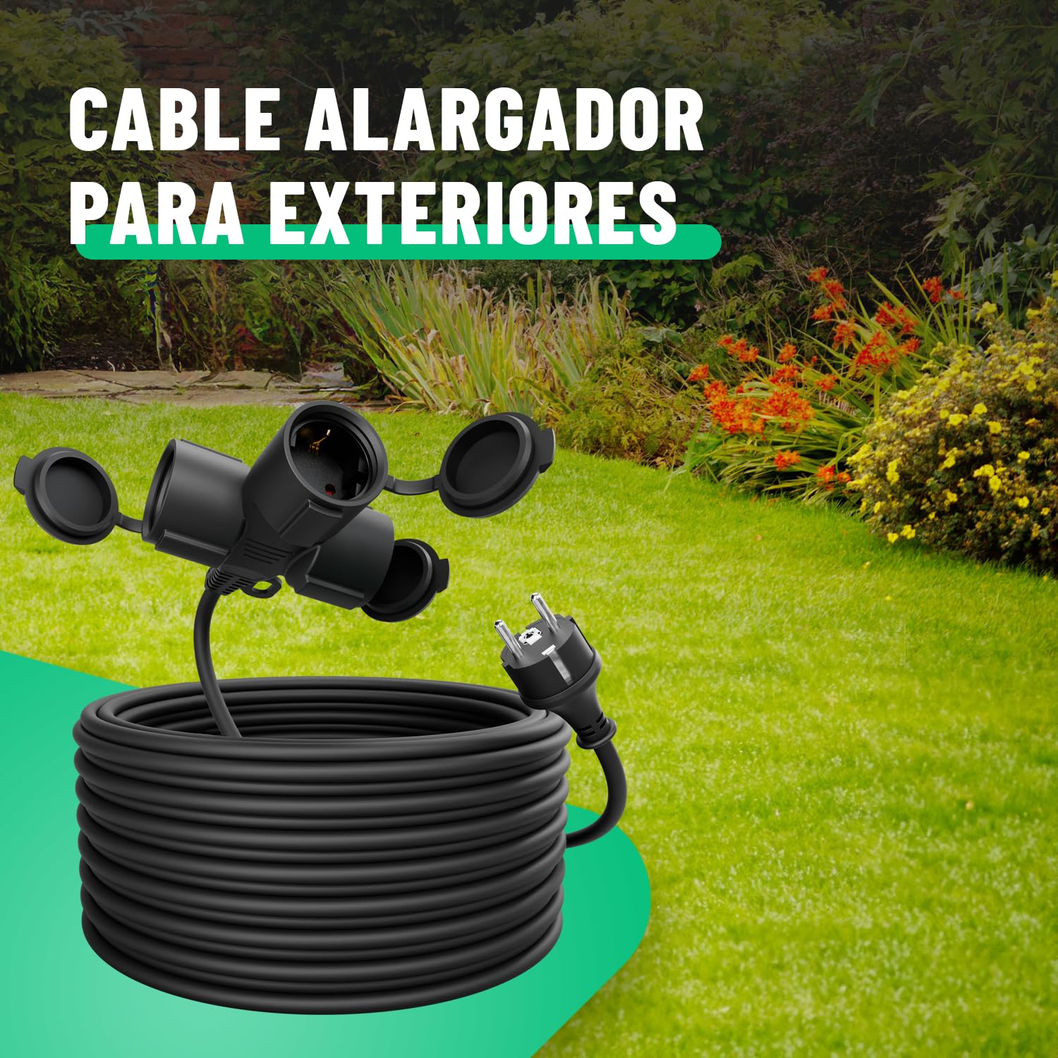 greate alargador electrico 20 Metros de 3 Tomas - Alargadera Impermeable IP44 para Áreas Exteriores - Cable electrico 3500W - Extension Lead, alargador Enchufe, alargo Enchufe, alargadores enchufes