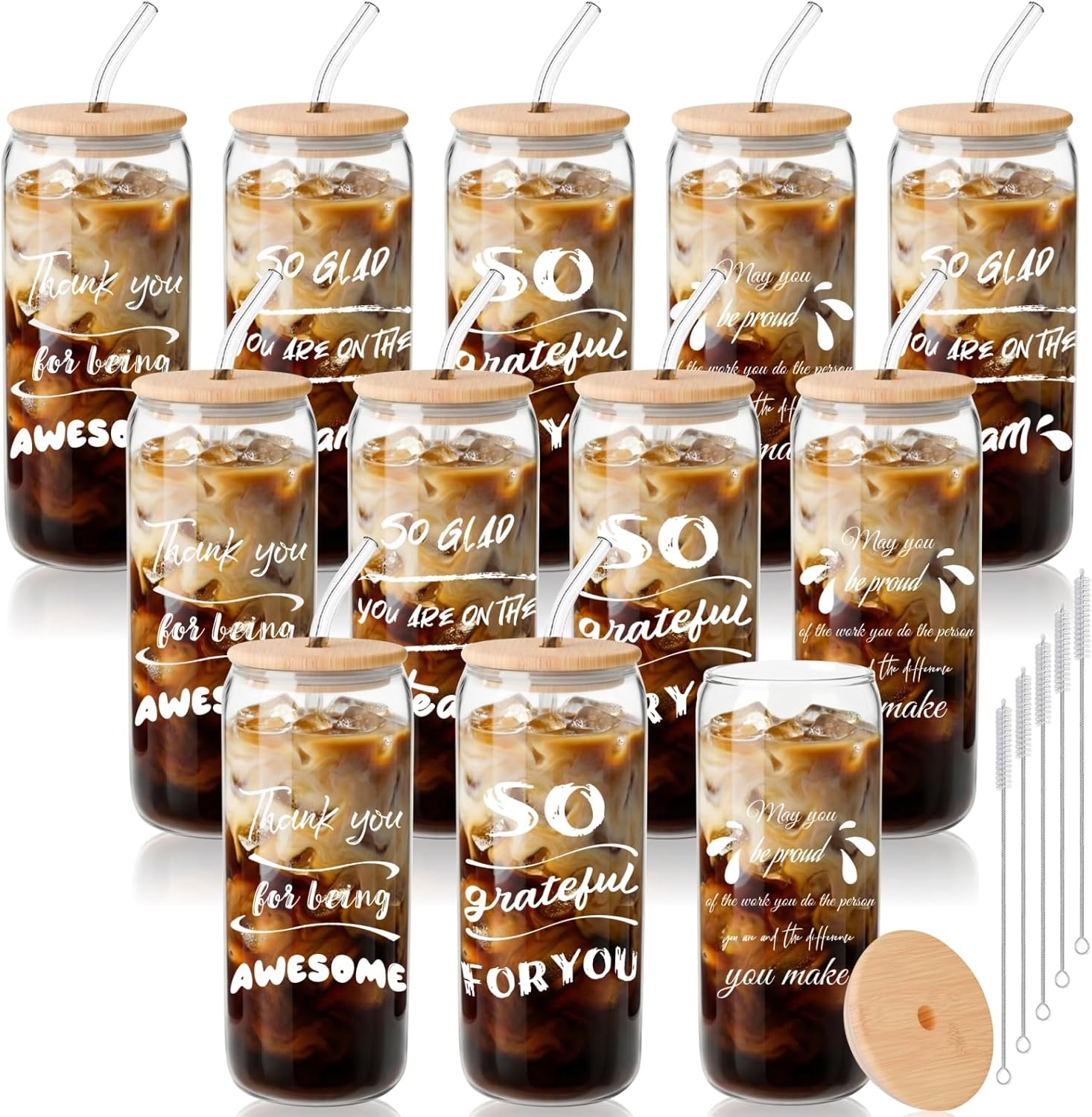 12 Set Employee Appreciation Gifts Bulk, Inspirational Thank You Gifts for Administrative Professional, Team, Employees, Coworkers, Staff, Teacher, Nurse — 20oz Can Shaped Glass Cups (Mixed)