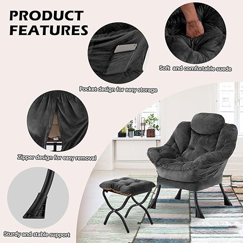 Miniatura 5 de Silla Lazy con otomana plegable, sofá de ocio, sillón de tela suave con reposabrazos y bolsillos laterales, silla de lectura con reposapiés para