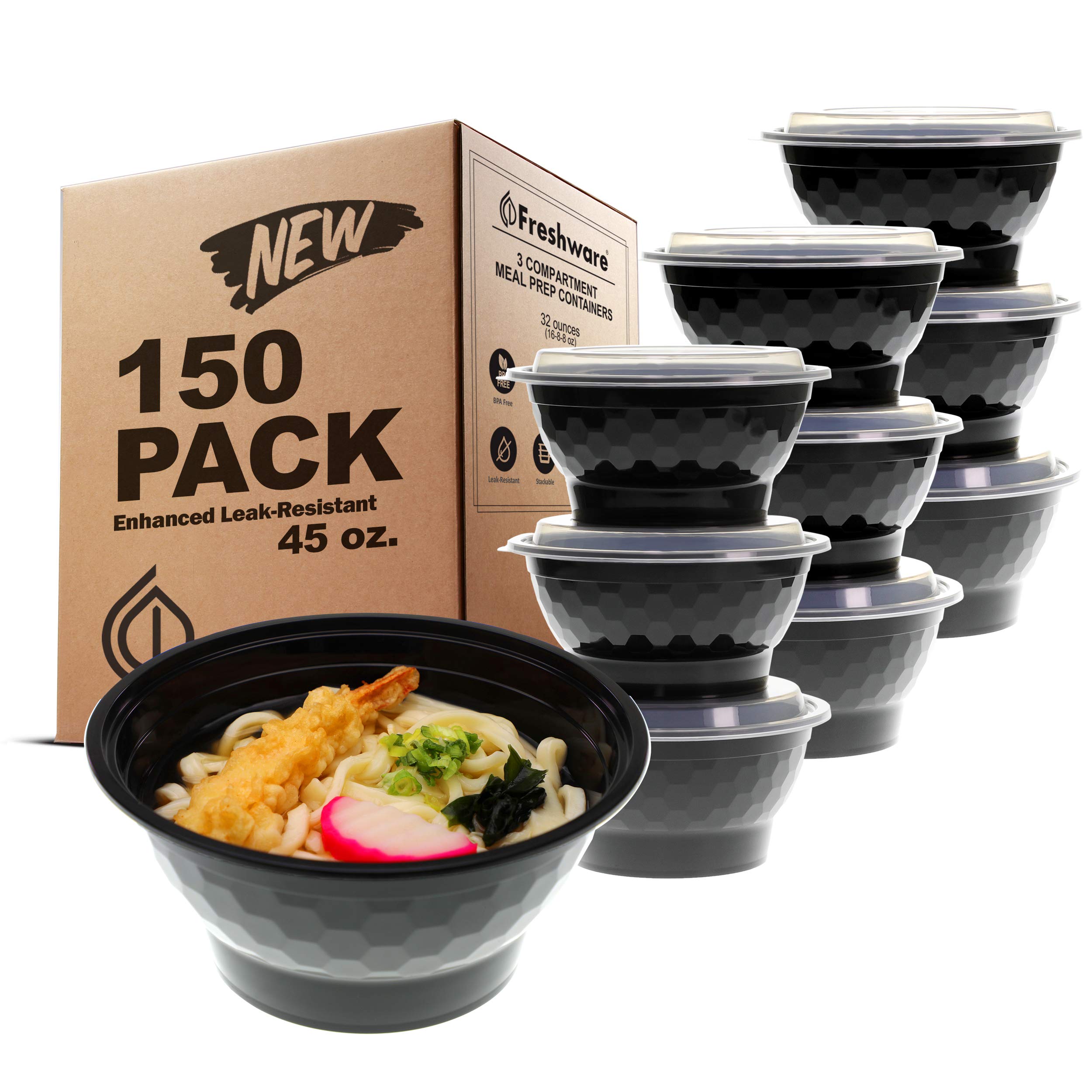 Freshware Meal Prep Containers [120 Pack] Plastic Bowls with Lids for Soup and Salad, Food Storage Containers, Bento Box, Stackable, Microwave/Dishwasher/Freezer Safe (42 oz)