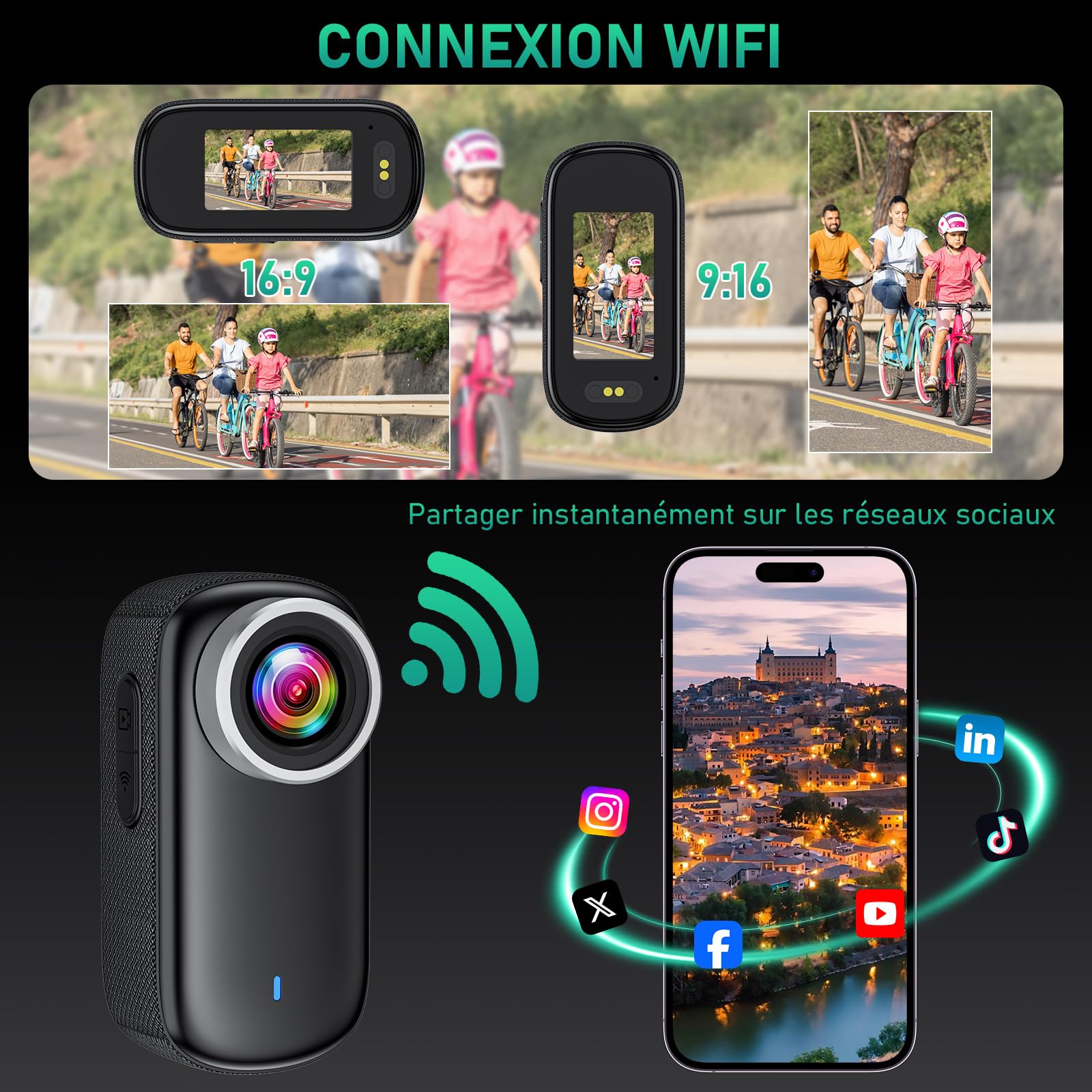 Caméra d'action WiFi 4K Étanche Minicaméra d'action pour Casque, Caméra de Sport WiFi 150° avec Écran 1,47 Pouces et Aimant, Petite Caméra Embarquée pour Moto, Vélo et Vlog de Voyage