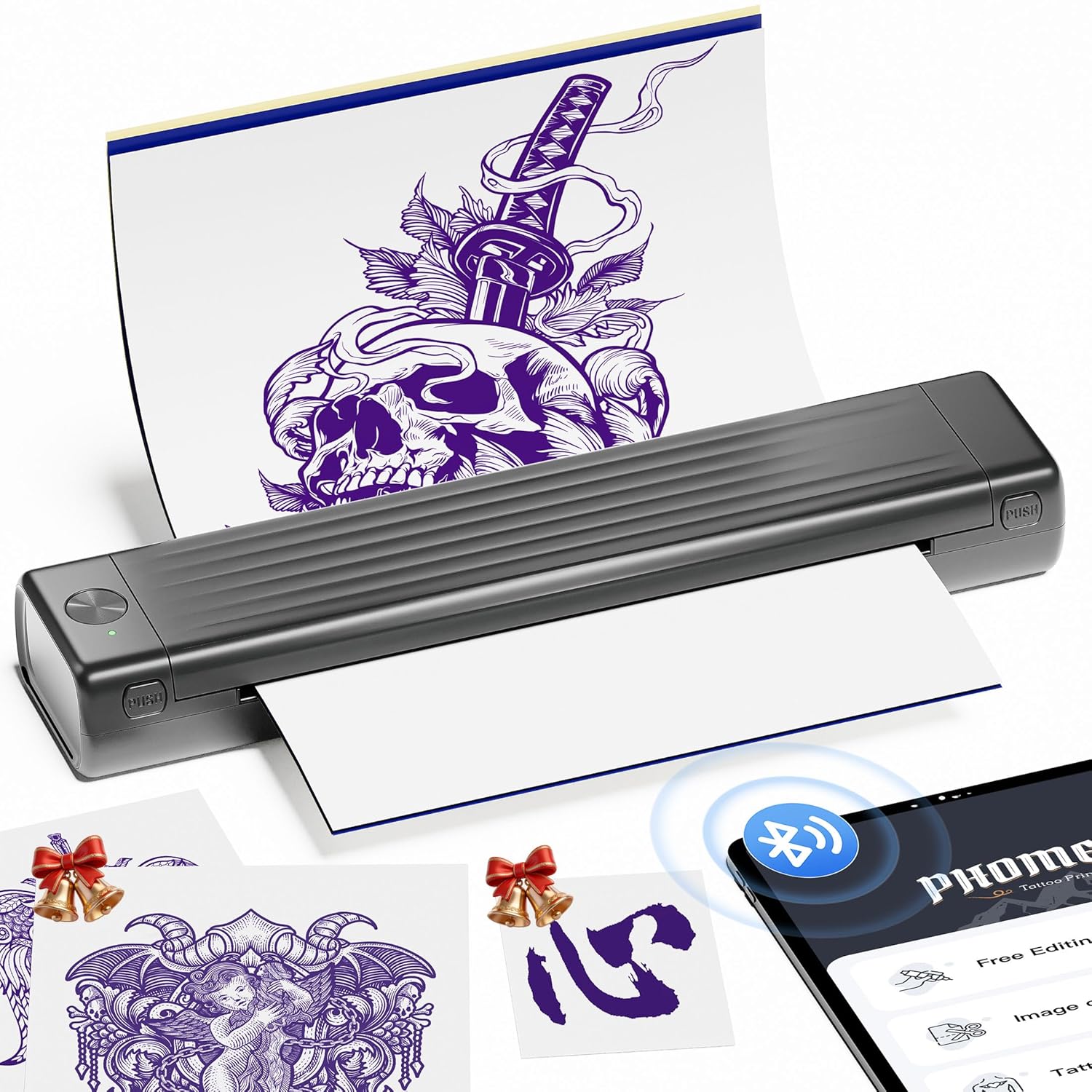 Itari A886 printer printing a tattoo stencil from a smartphone