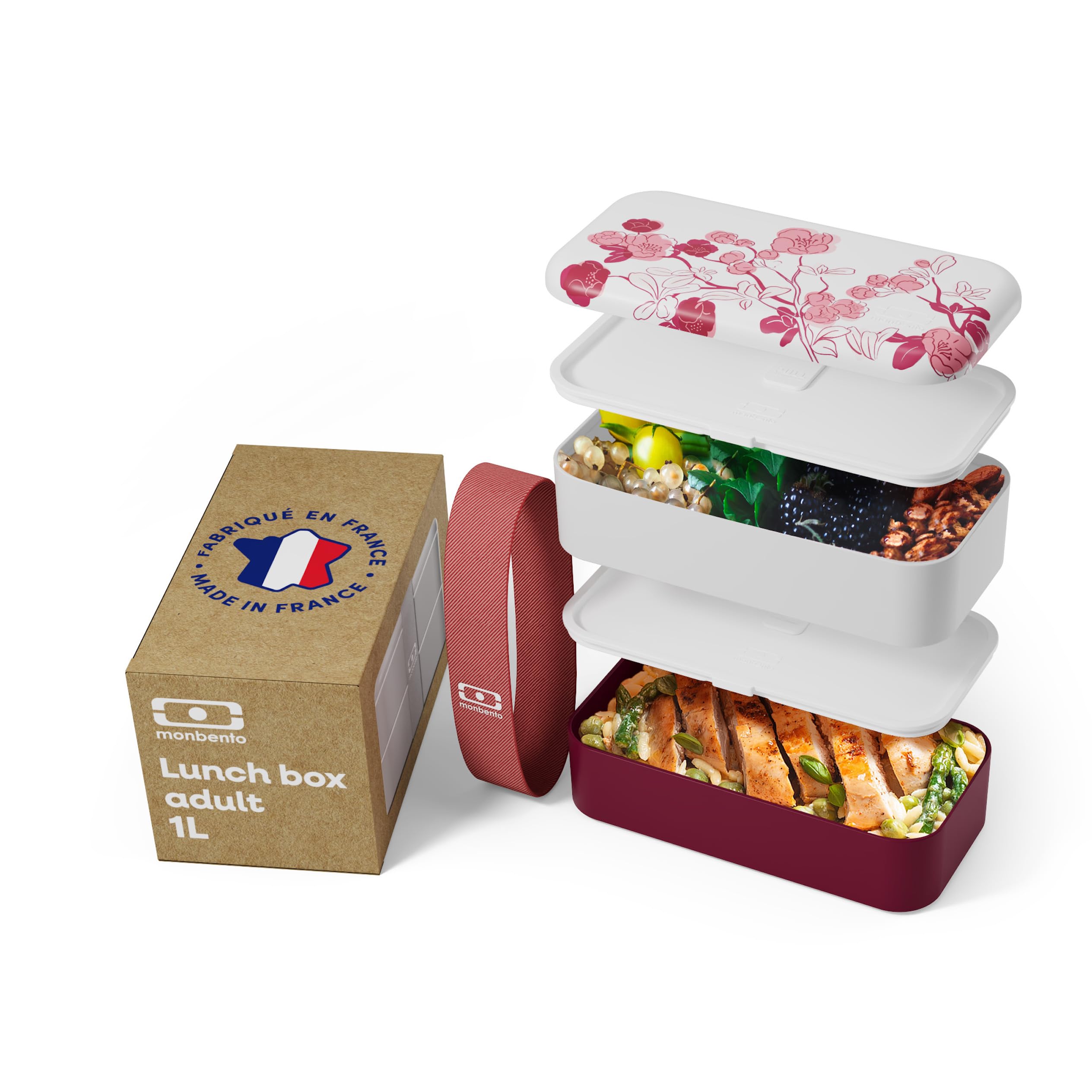monbento - Bento box MB Original Magnolia - Boîte Repas à Compartiments - Lunch box Hermétique 2 étages - Idéal pour Travail/Ecole - Sans BPA - Durable et Sûr - Made In France - Rose à fleurs