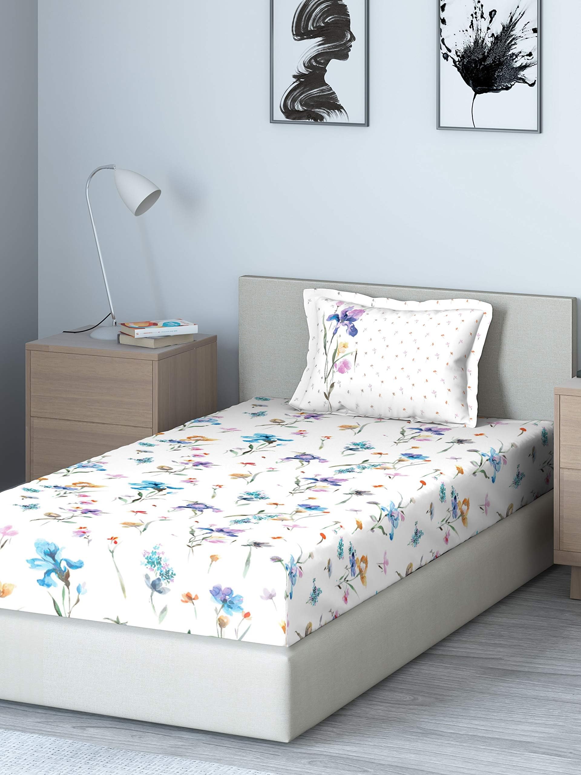 DDECOR - Eva 100% Cotton Single Bedsheet with 1 Pillow Covers, Blue