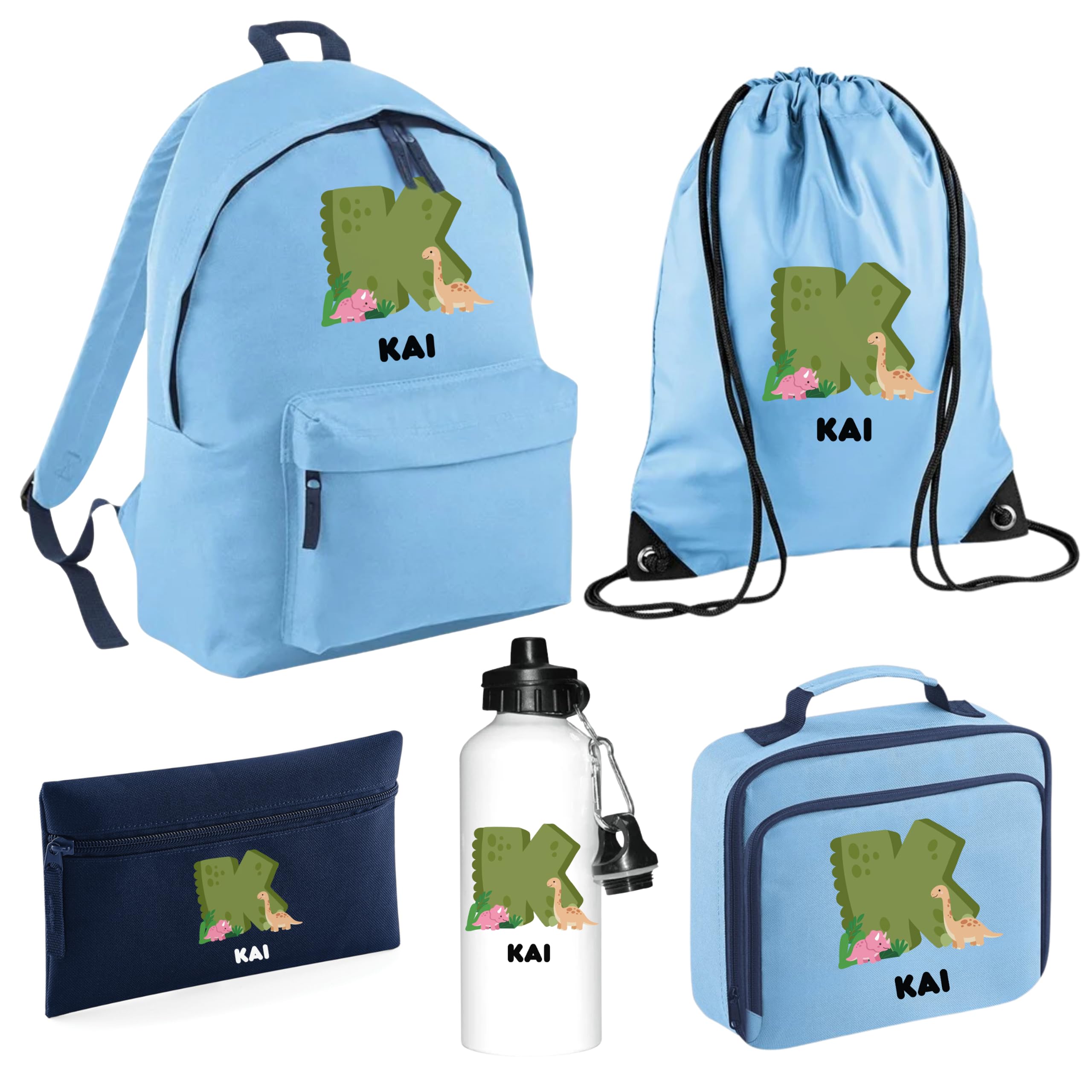 Personalised Kids Dino Back To School Kit with Dinosaur Initial and Name Rucksack, PE Bag, Lunch Bag, Pencil Case and Water Bottle, Nursery Preschool Starter Set for Reception Primary - Sky Blue Large