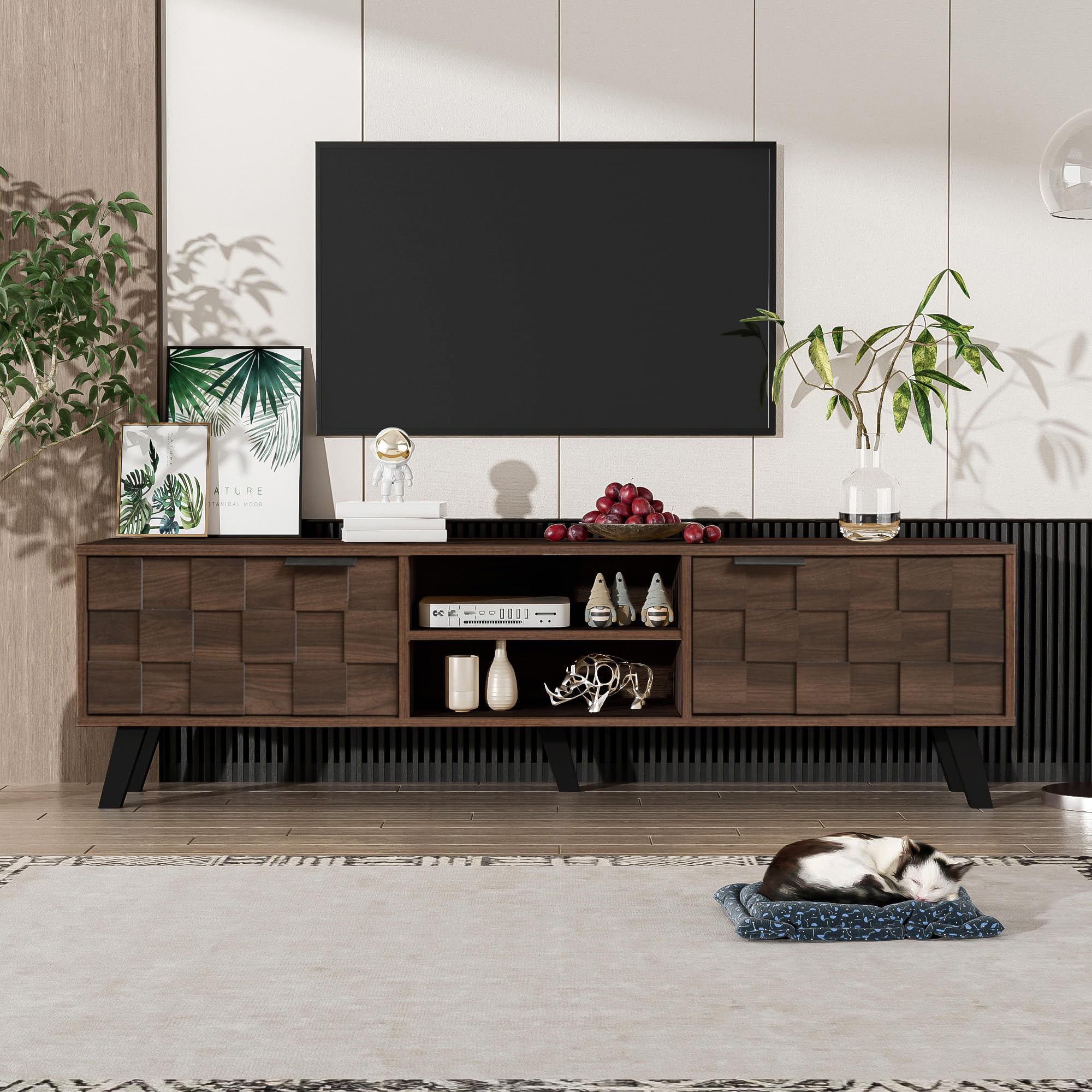 FammyLoft Modern TV Cabinet with Storage, TV Stand with 2 Doors and 2 Open Shelves, TV Unit Storage Cabinet for Living Room and Bedroom, 160.5 x 35 x 45 cm, Wood
