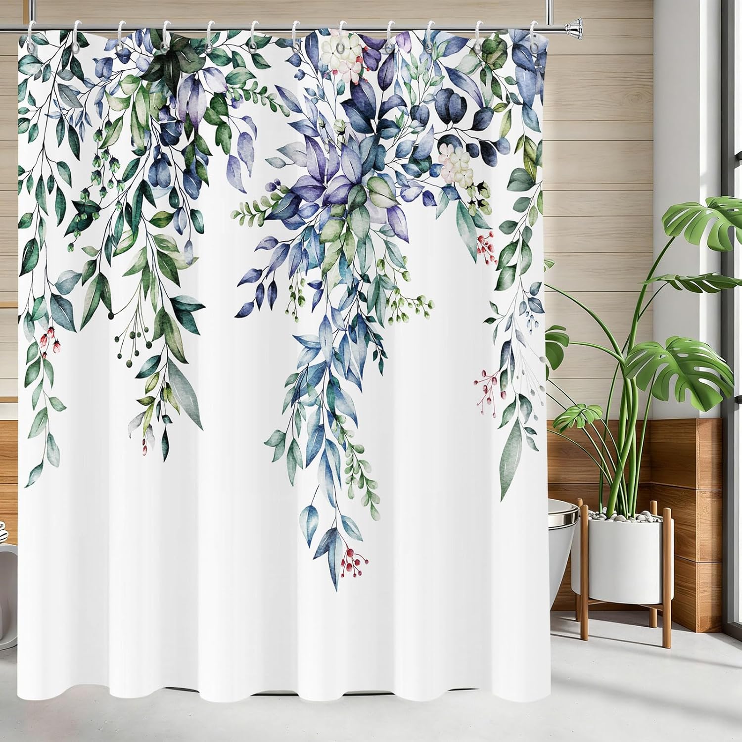 Long Shower Curtain Green Eucalyptus Shower Curtains for Bathroom-Green Watercolor Floral Plants Leaves Bathroom Curtains Blue Eucalyptus Floral Leaf Bathtub Shower Curtain Sets 72"x78" with Hooks