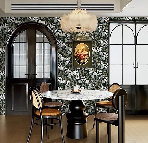 Miniatura 8 de Yasinet Papel tapiz autoadhesivo para despegar y pegar, papel tapiz floral verde, papel de contacto floral vintage, extraíble, autoadhesivo,