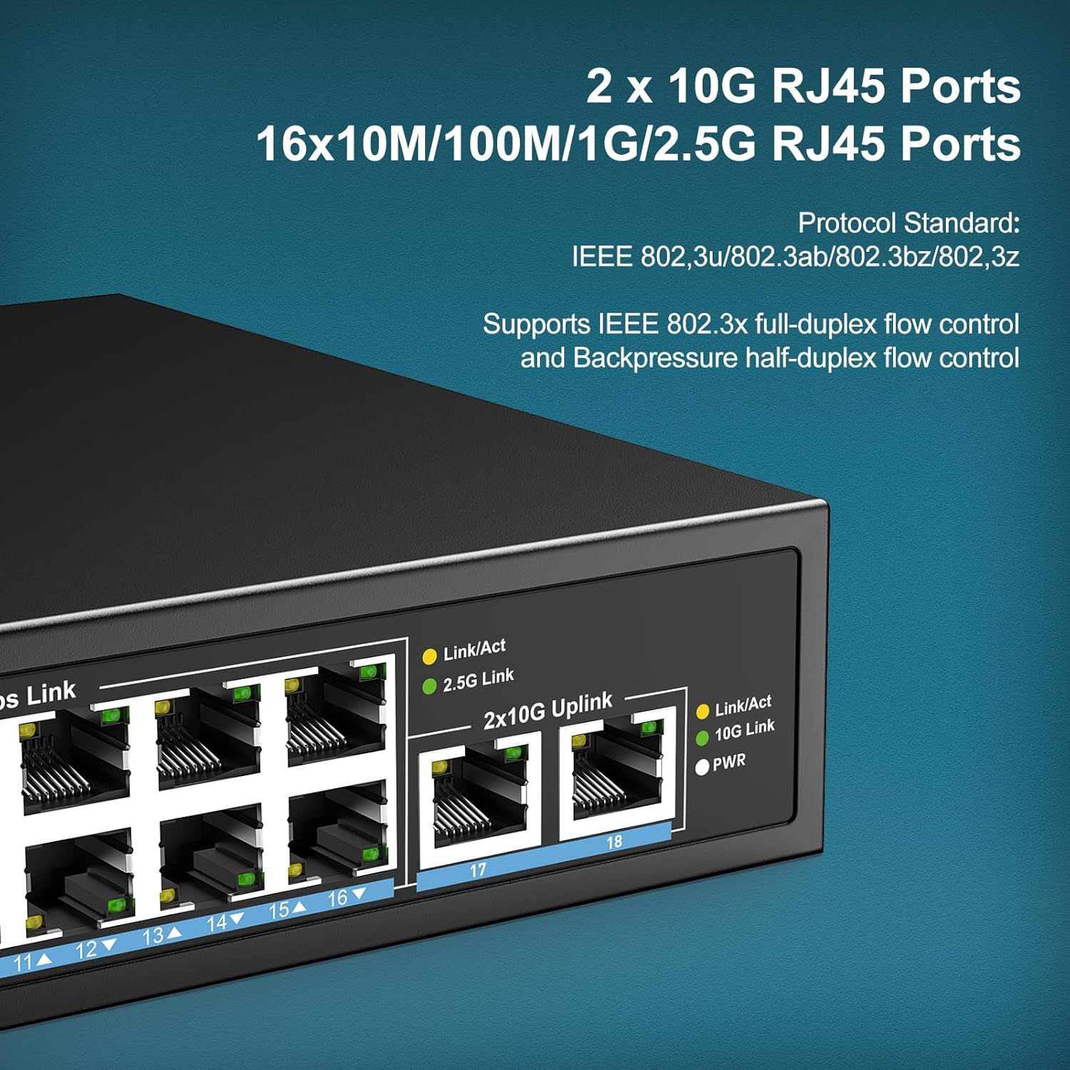 18-Port 2.5G Ethernet Switch with Dual 10GBASE-T Port, Vimin 16X 2.5G +2 x 10Gb RJ45 Ports Unmanaged Switch, 120Gbps Capacity, 2.5G/10G Switch Desktop/Wall Mount Network Switch for NAS, PC, AP