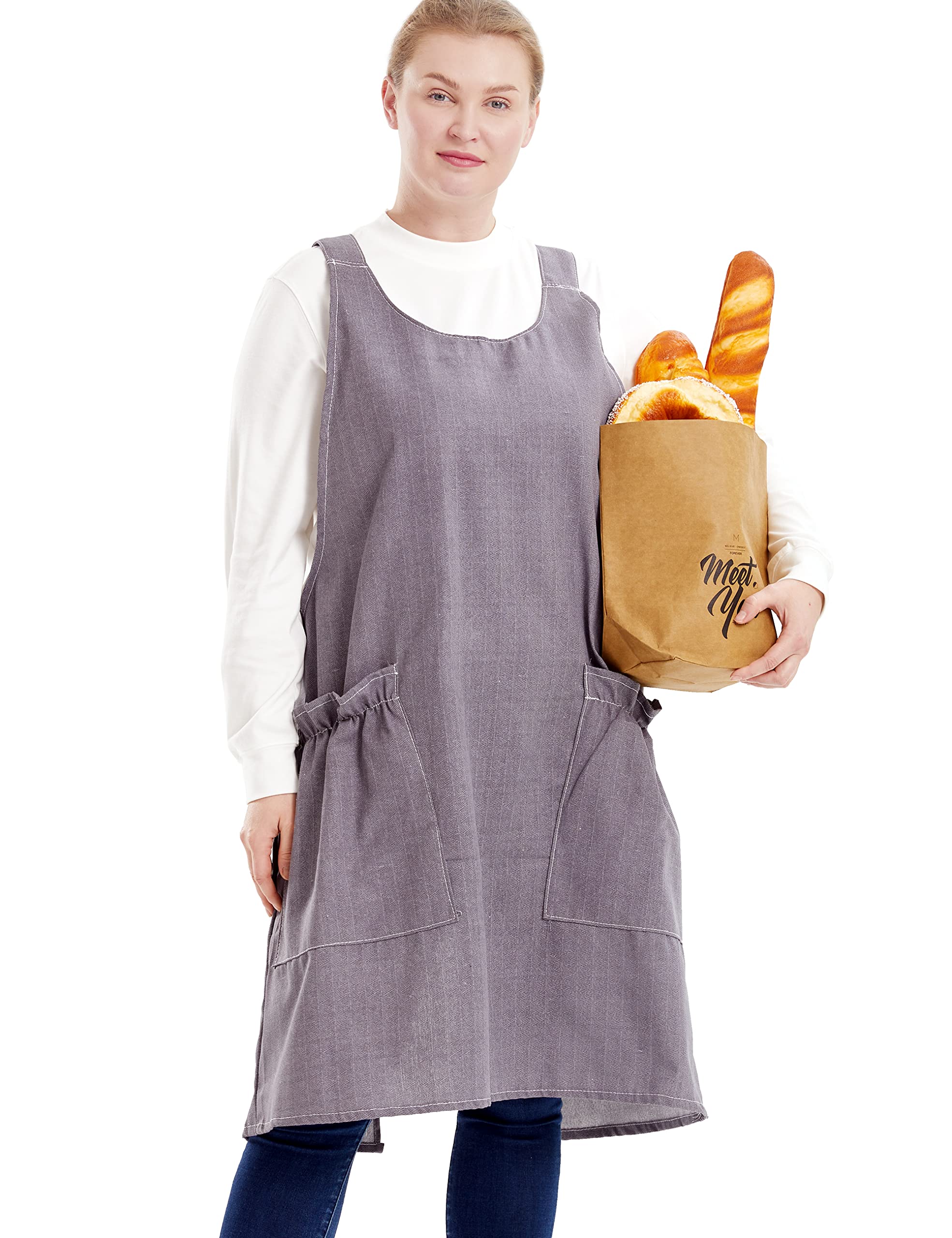 Big Plus Size Aprons for Women with Pockets Cotton Linen Baking Kitchen Cooking, Smooth Grey, Large