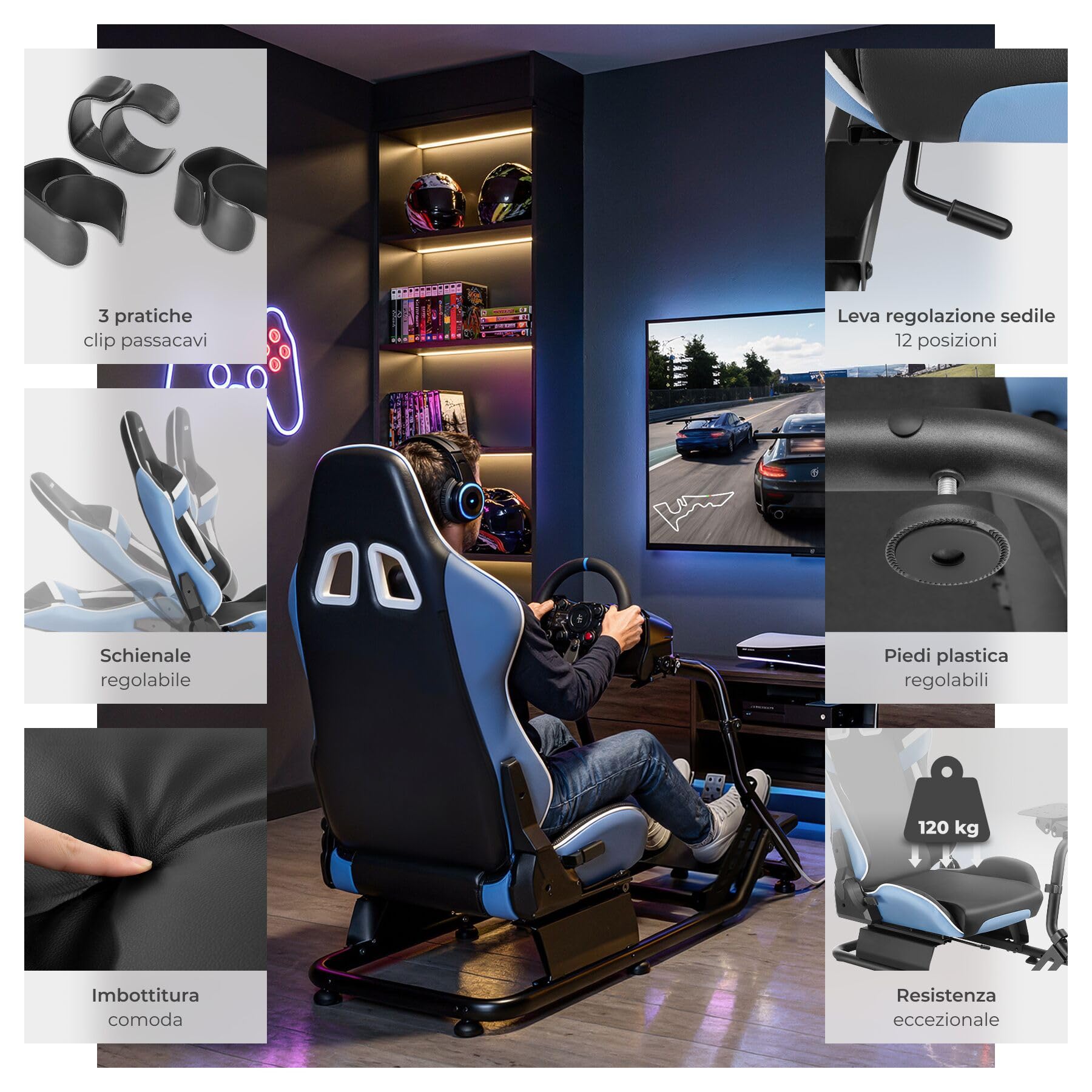 tectake® Sedia Gaming, Postazione Corsa Racing GT, Gaming Chair per Simulatore di Guida, adatto a vari Brand di Volante PC e Console, Seduta regolabile, cockpit sim racing in acciaio, Nero/Azzurro