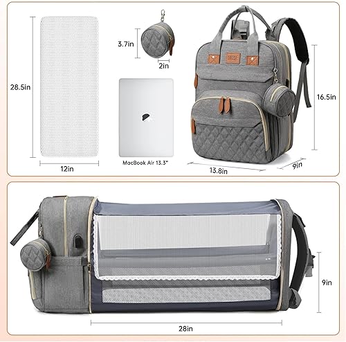 Miniatura 4 de Mochila para pañales, multifuncional, impermeable, con cambiador, puerto USB y correas para cochecito, Gris, Grande, Moderno