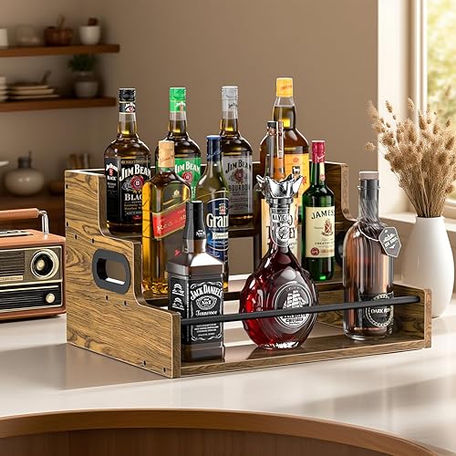 Estante de exhibición de botellas de licor de 3 niveles, organizador de jarabe de café de madera, estante de especias retro para encimera, estantes
