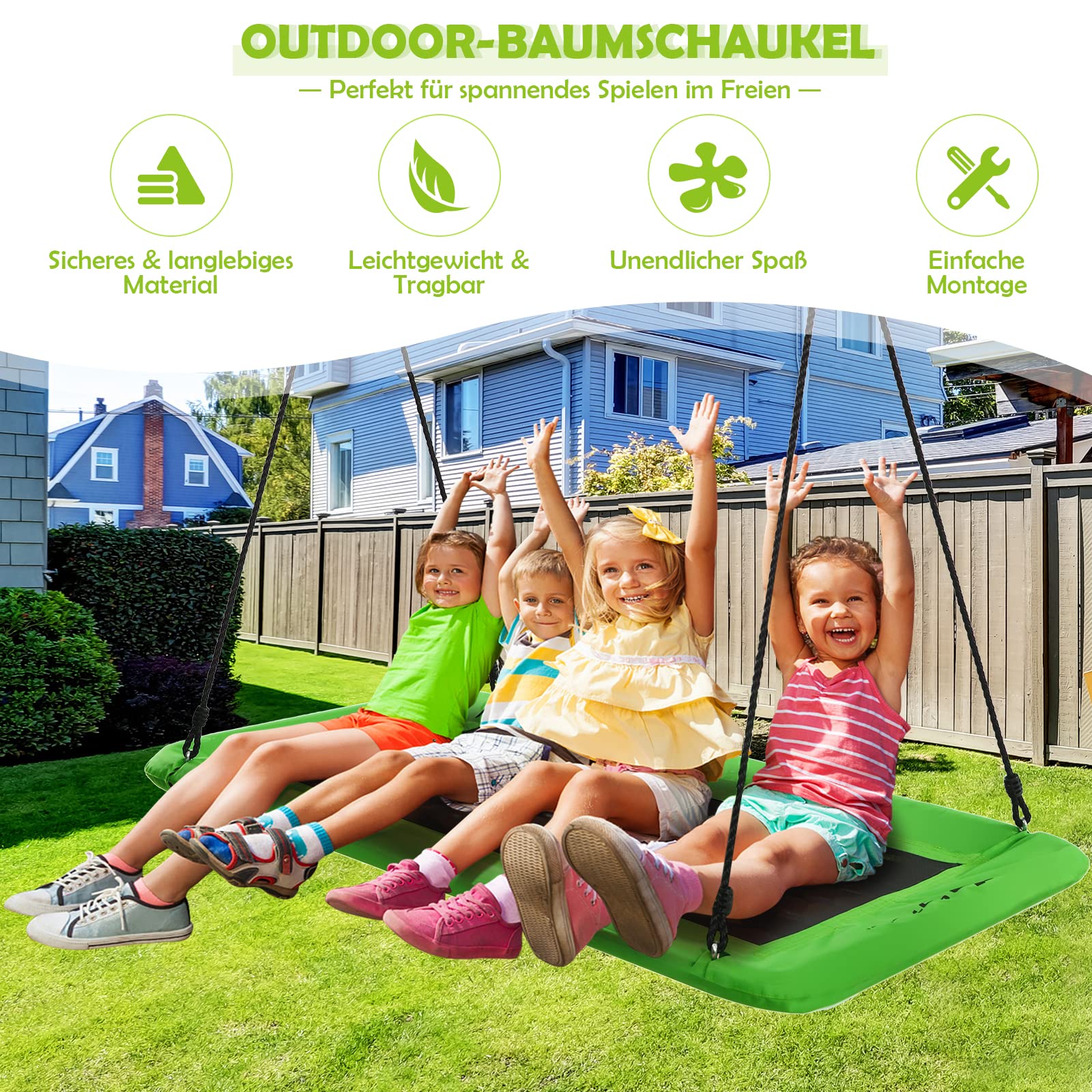 DREAMADE Nestschaukel, 100-180 cm höhenverstellbar, Baumschaukel bis 150 kg belastbar, Tellerschaukel für Innen & Außenbereich, Gartenschaukel für Kinder & Erwachsene, 150 x 80 cm (Grün)