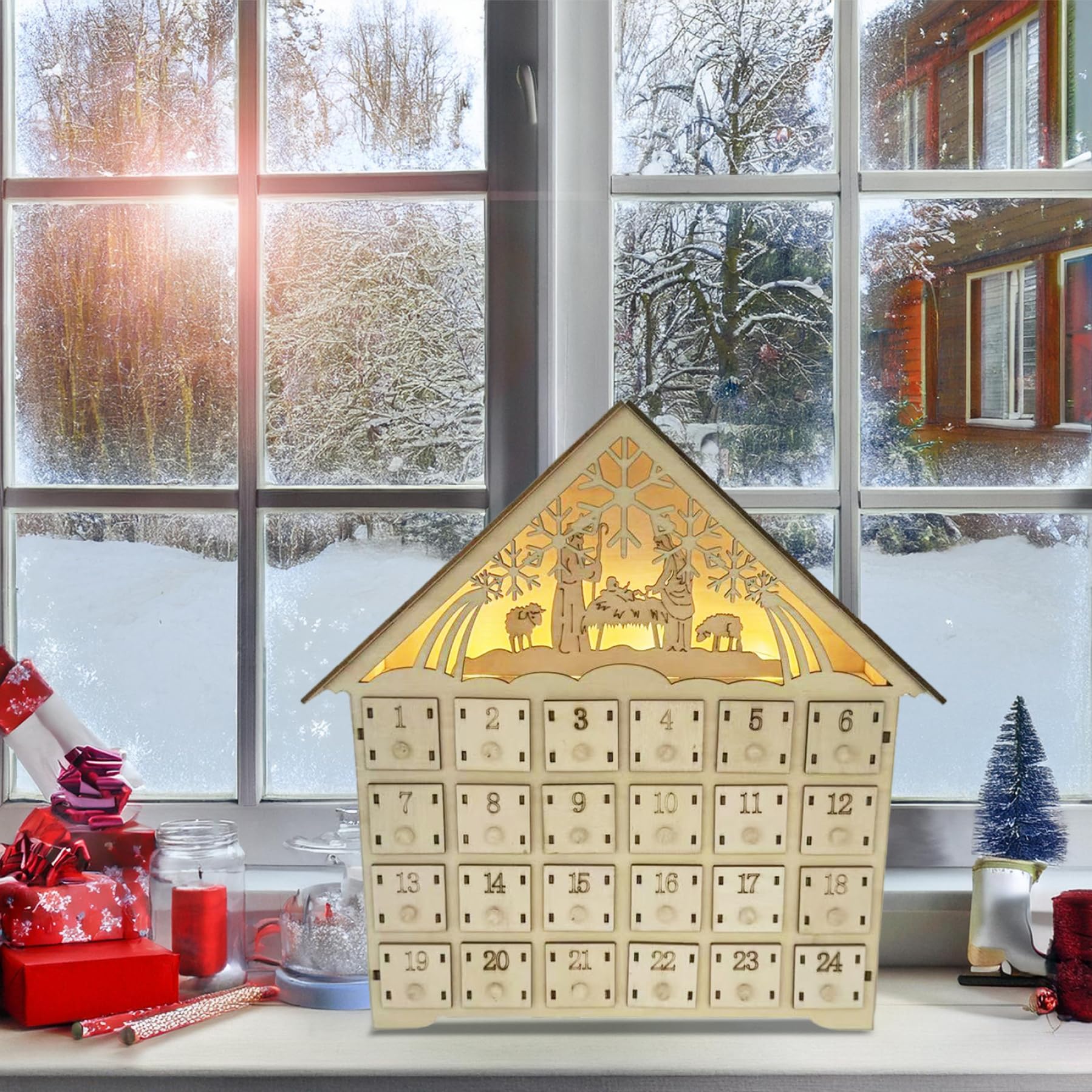 Calendario dell'Avvento in legno con cassetti e contatto del conto alla rovescia a 24 giorni per il calendario dell'avvento di Natale 2025 batteria a funzionamento per adulti per bambini decorazi