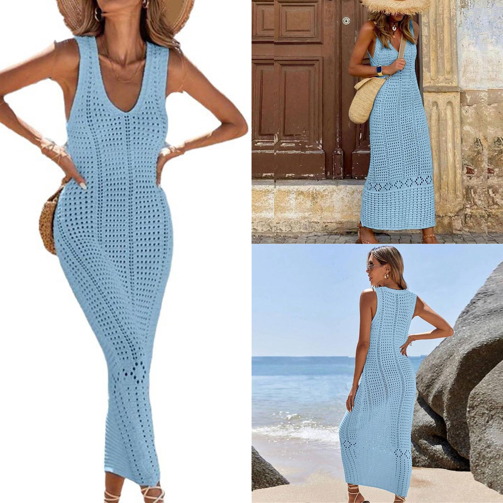 Elegante abito lungo in maglia scavata per costumi da bagno Beach Coverup Dress Comodo per feste in piscina e vacanze al mare