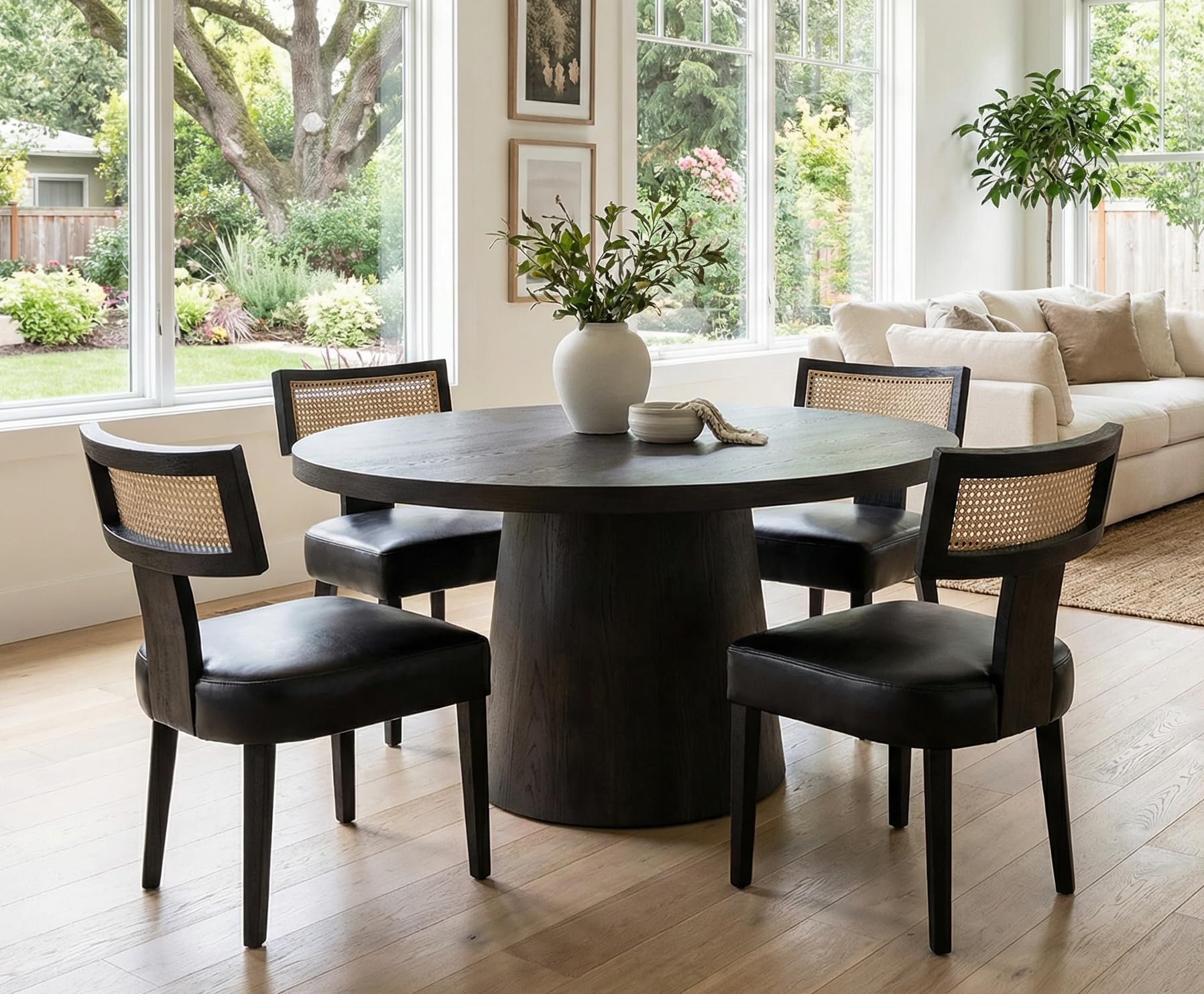 RIVOVA Rattan Dining Chairs Set of 4, Modern PU Leather Upholstered Kitchen Chairs, Wooden Dining Room Chair Farmhouse Dinner Chair, Black