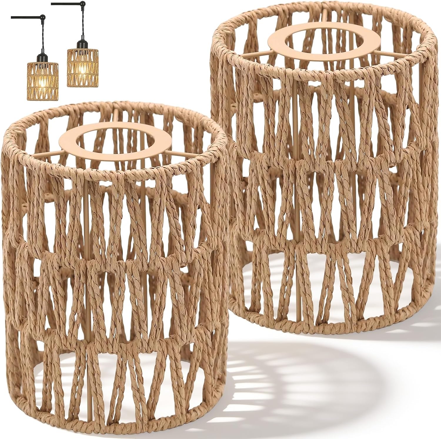 2 Stück Boho Rattan Lampenschirm