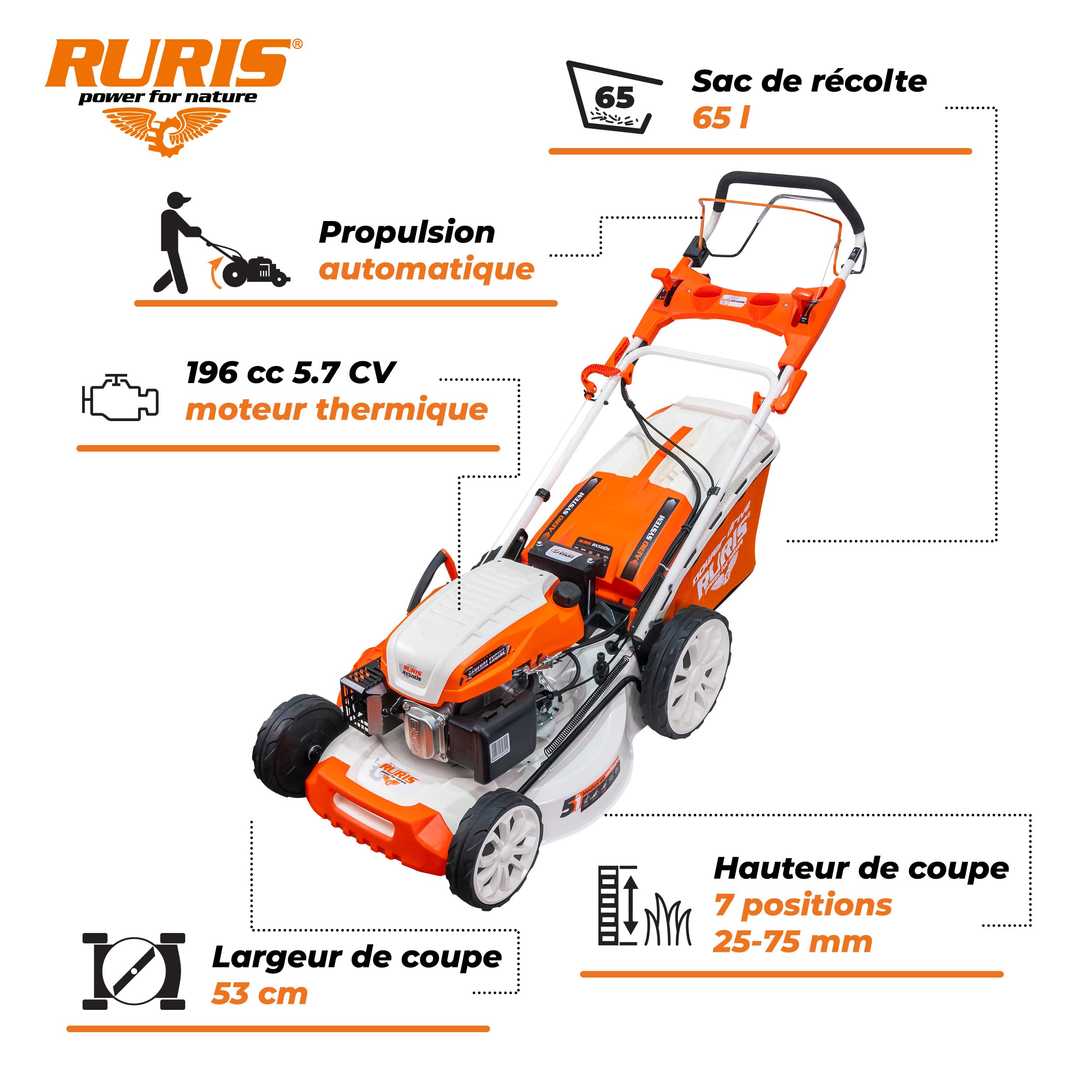 RURIS POWER FOR NATURE Tondeuse à Gazon Thermique 5 en 1 Mulching 5,7 CV 196cc RX500S, Orange | Démarrage électrique. Ramassage, Éjection Arrière et Latérale, Mulching, Nettoyage, Châssis en Acier