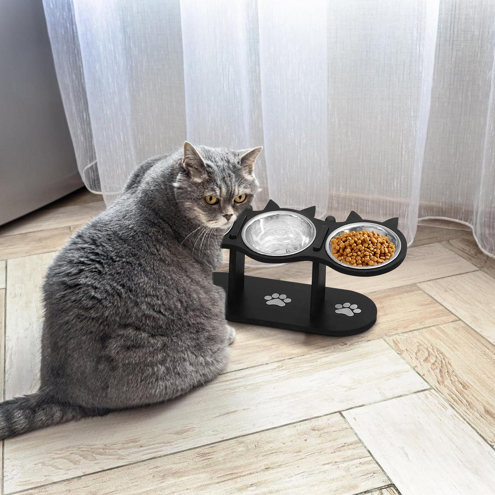 Ciotola per gatti rialzata in acciaio inox con supporto in legno regolabile per gatti e cani piccoli