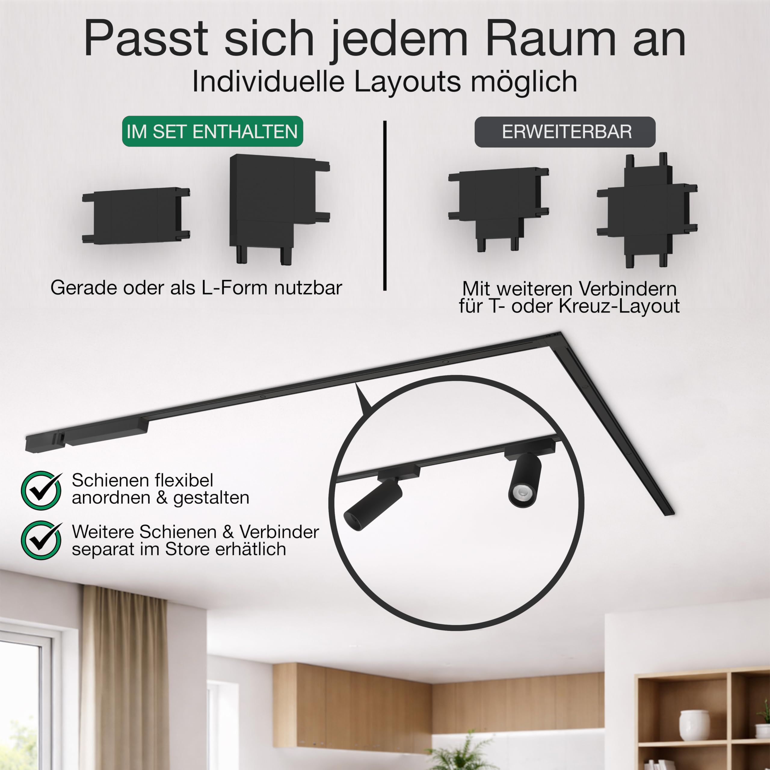 LED Schienensystem Decke – Komplettset mit 3 Leuchten – Zigbee dimmbar – Deckenlampe für Wohnzimmer, Küche, Esszimmer – moderne Deckenleuchte – Lichtschienensystem Schwarz