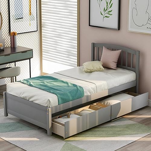Miniatura 36 de Harper & Bright Designs Cama de almacenamiento individual, cama de plataforma de tamaño individual con 2 cajones, cama individual de madera con