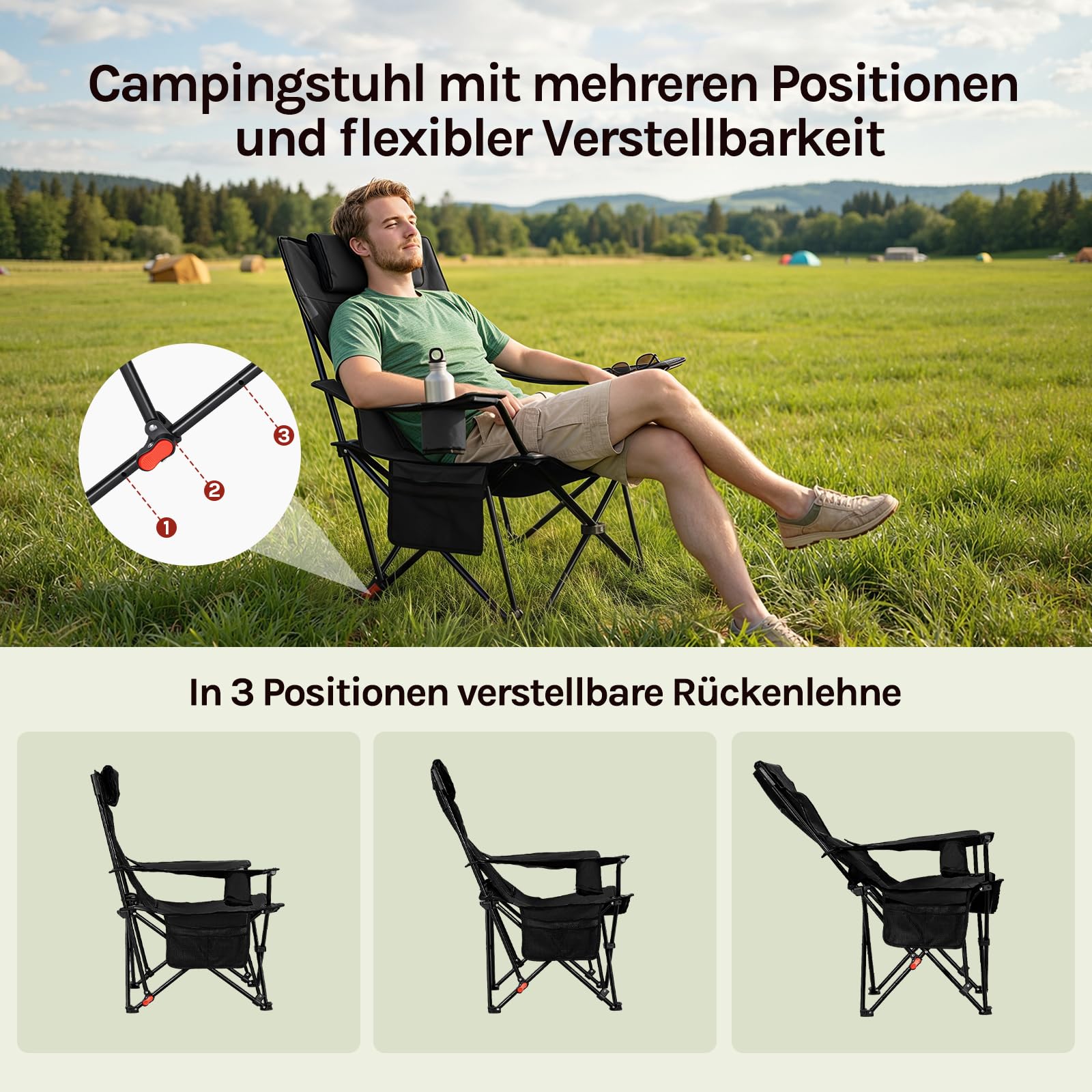 WOLTU Campingstuhl Faltbar 2 Set,Camping Klappstuhl bis 150 kg Belastbar Outdoor Angelstuhl mit Getränkehalter Abnehmbarer Kopfstütze und Seitentasche,für Angeln Picknick und Garten,Schwarz