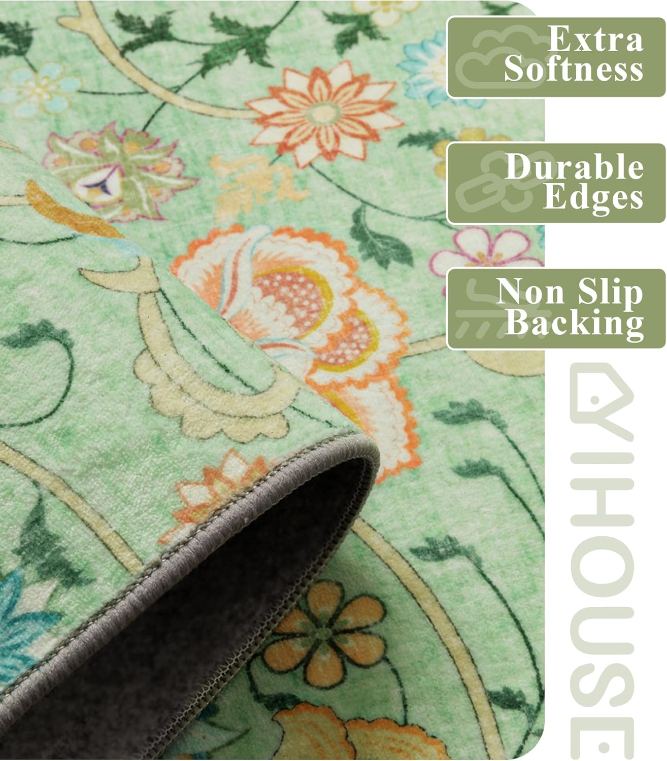 YIHOUSE Floral Living Room Rugs,Washable Rugs for Bedroom,5x7 Boho Light Green Area Rugs, Low Pile Vintage Rug for Kids Room Non Slip Flower Rug Dining Room Kitchen Office